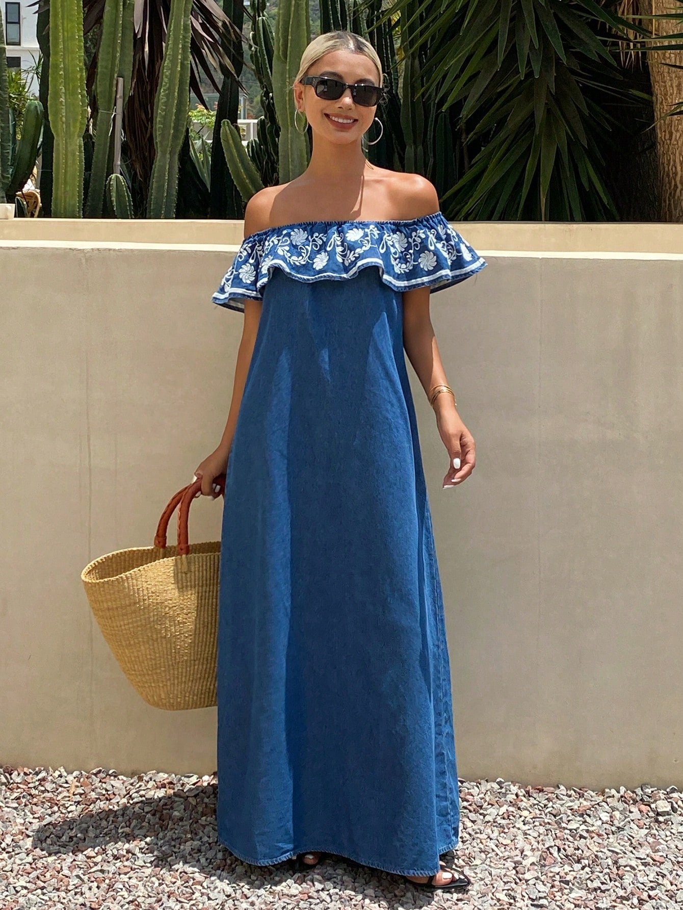 CM-DS972965 Women Casual Seoul Style Floral Embroidery Off Shoulder Ruffle Hem Dress - Blue