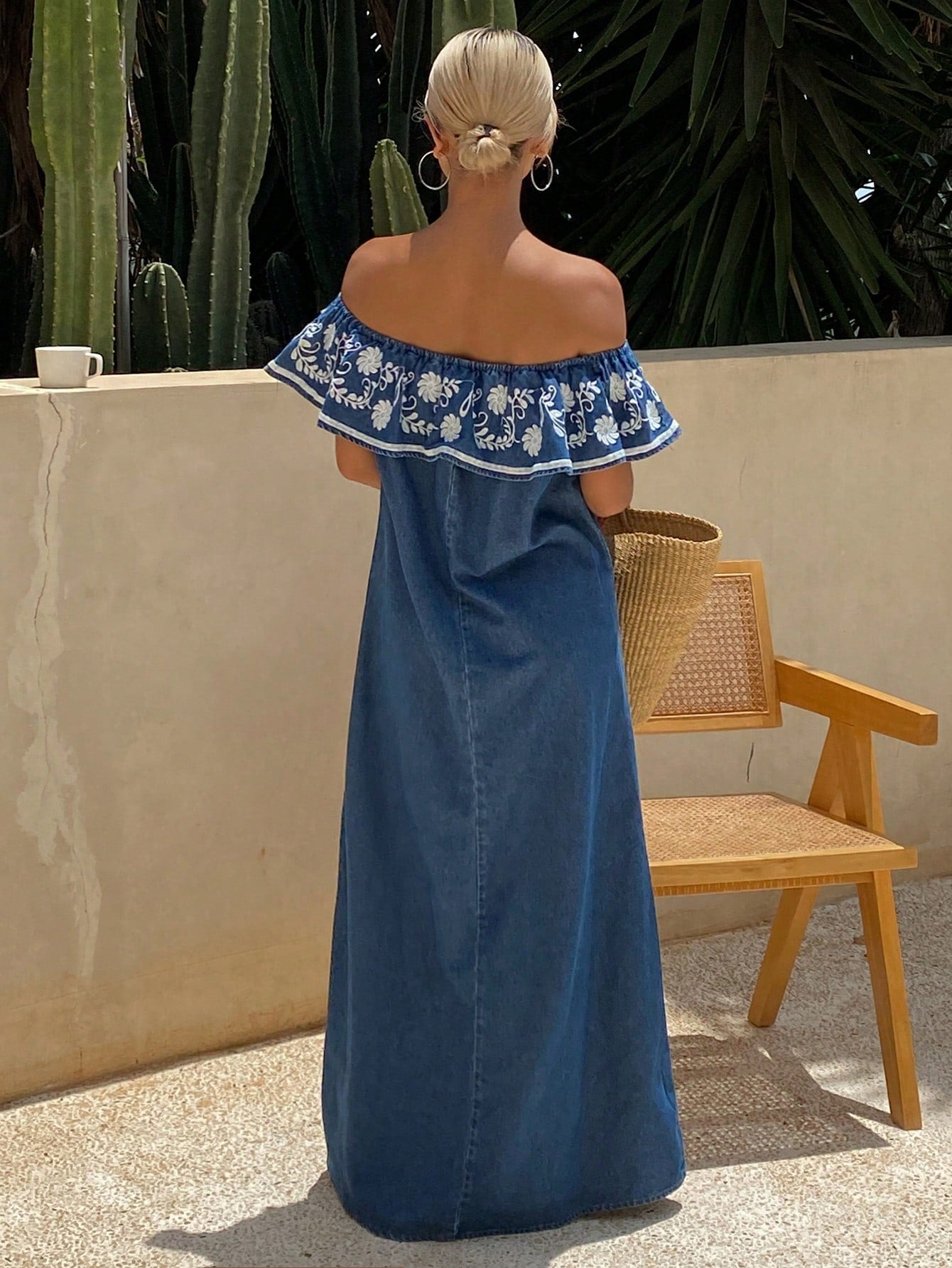 CM-DS972965 Women Casual Seoul Style Floral Embroidery Off Shoulder Ruffle Hem Dress - Blue