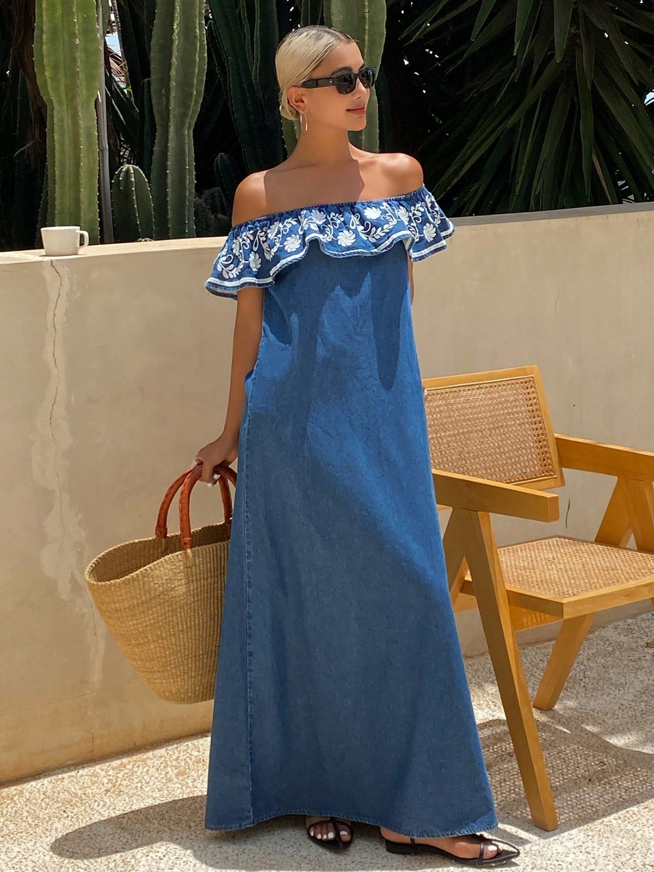 CM-DS972965 Women Casual Seoul Style Floral Embroidery Off Shoulder Ruffle Hem Dress - Blue
