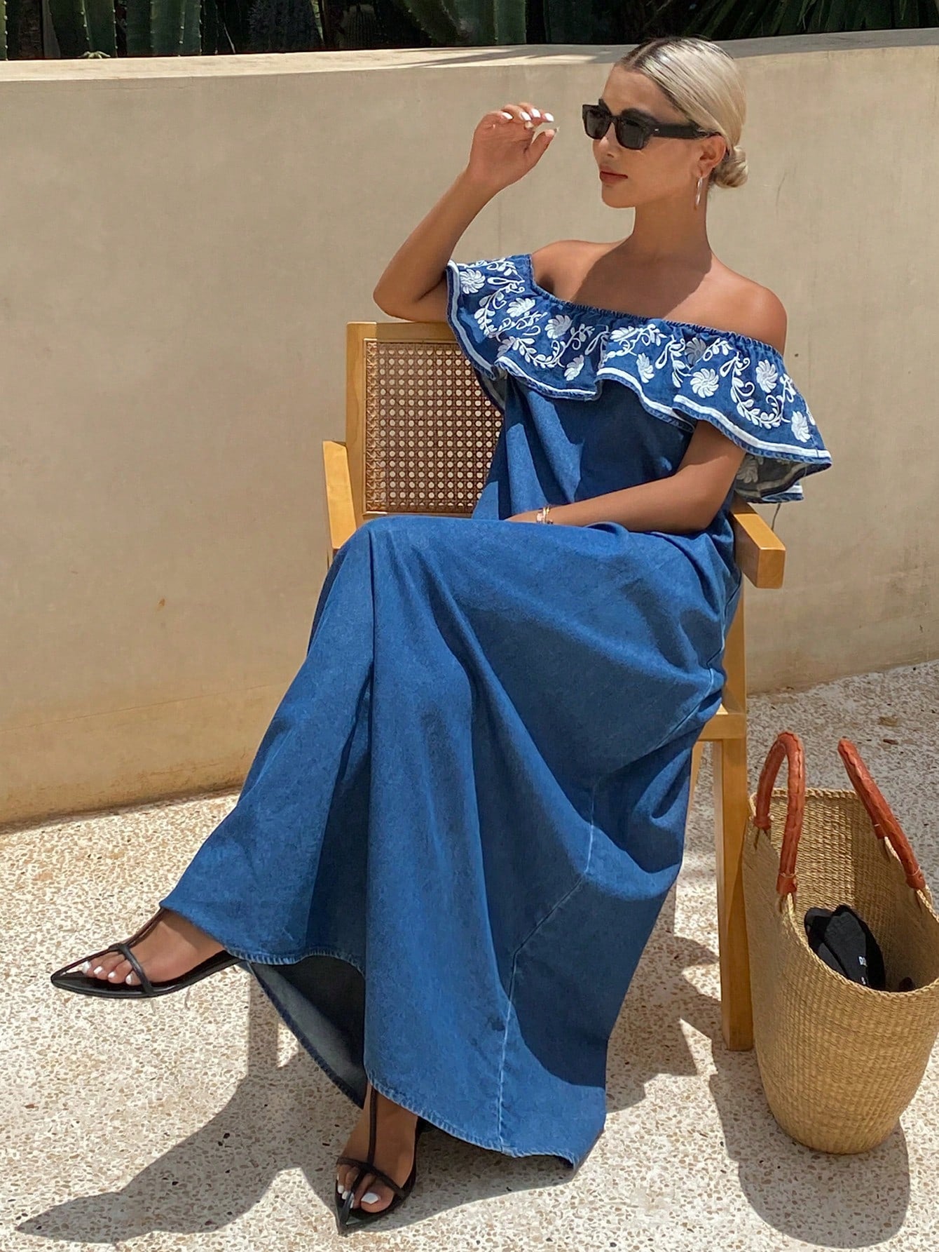 CM-DS972965 Women Casual Seoul Style Floral Embroidery Off Shoulder Ruffle Hem Dress - Blue