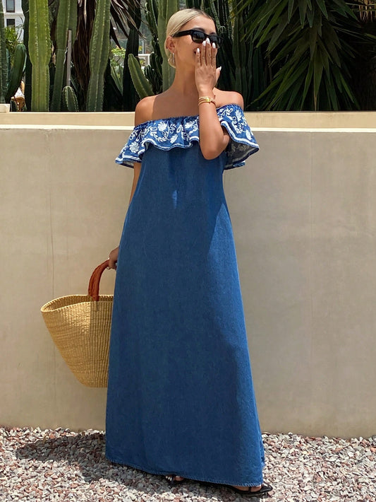 CM-DS972965 Women Casual Seoul Style Floral Embroidery Off Shoulder Ruffle Hem Dress - Blue