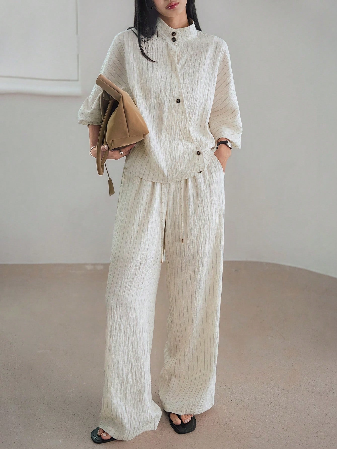 CM-SS324884 Women Casual Seoul Style Oblique Placket Waist Cross Stripe Cardigan With Straight Leg Pants - Set