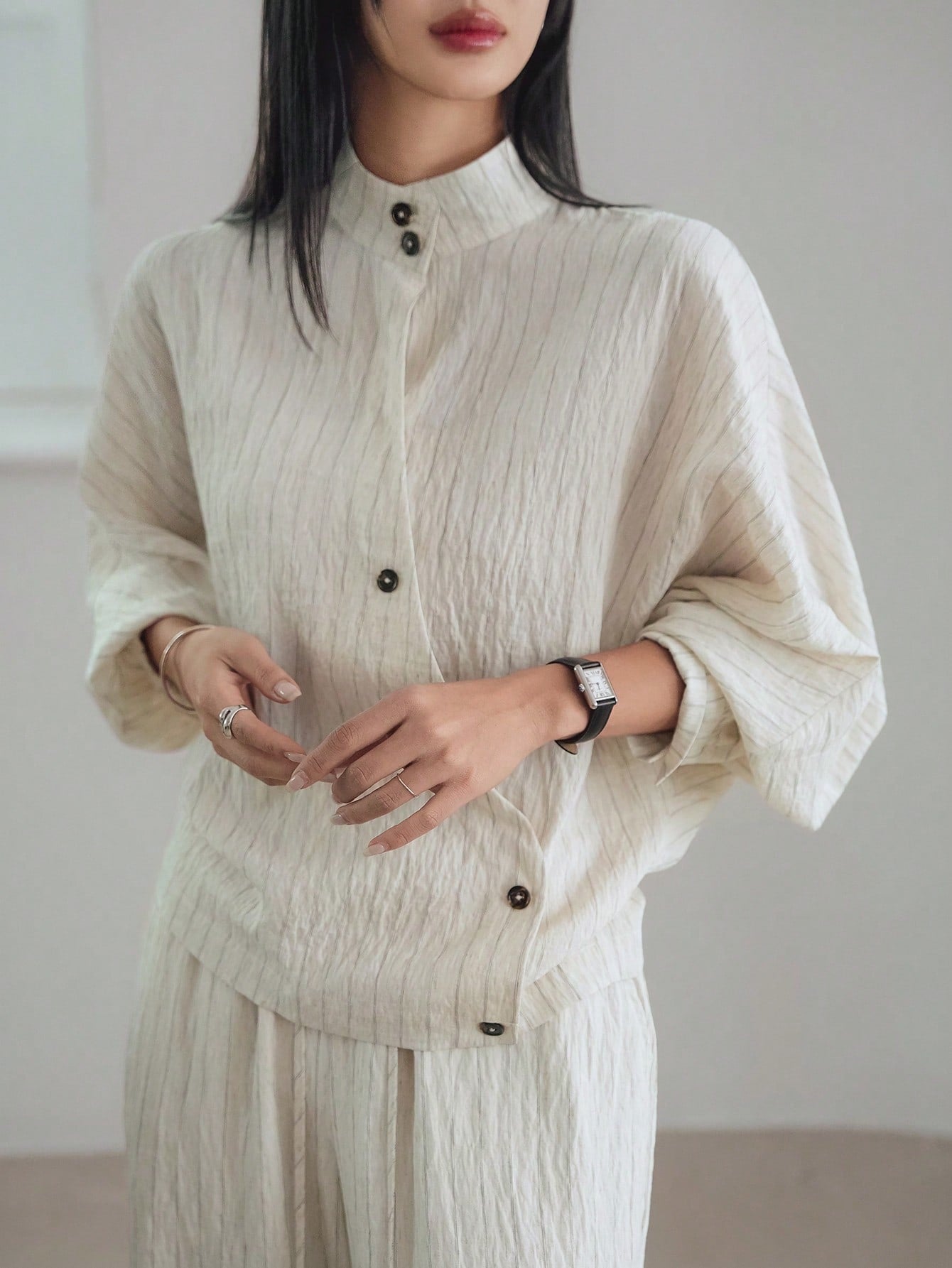 CM-SS324884 Women Casual Seoul Style Oblique Placket Waist Cross Stripe Cardigan With Straight Leg Pants - Set