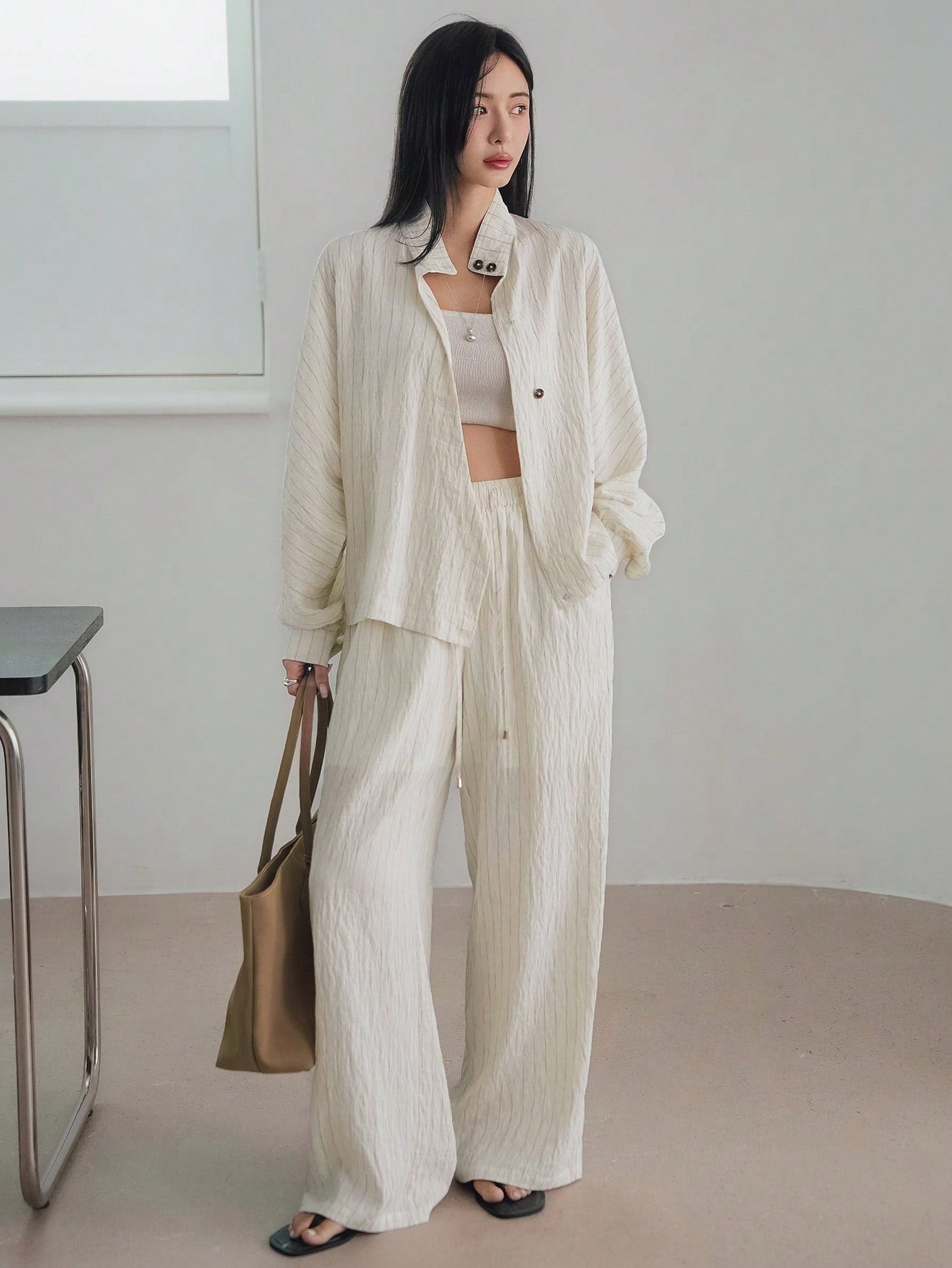 CM-SS324884 Women Casual Seoul Style Oblique Placket Waist Cross Stripe Cardigan With Straight Leg Pants - Set