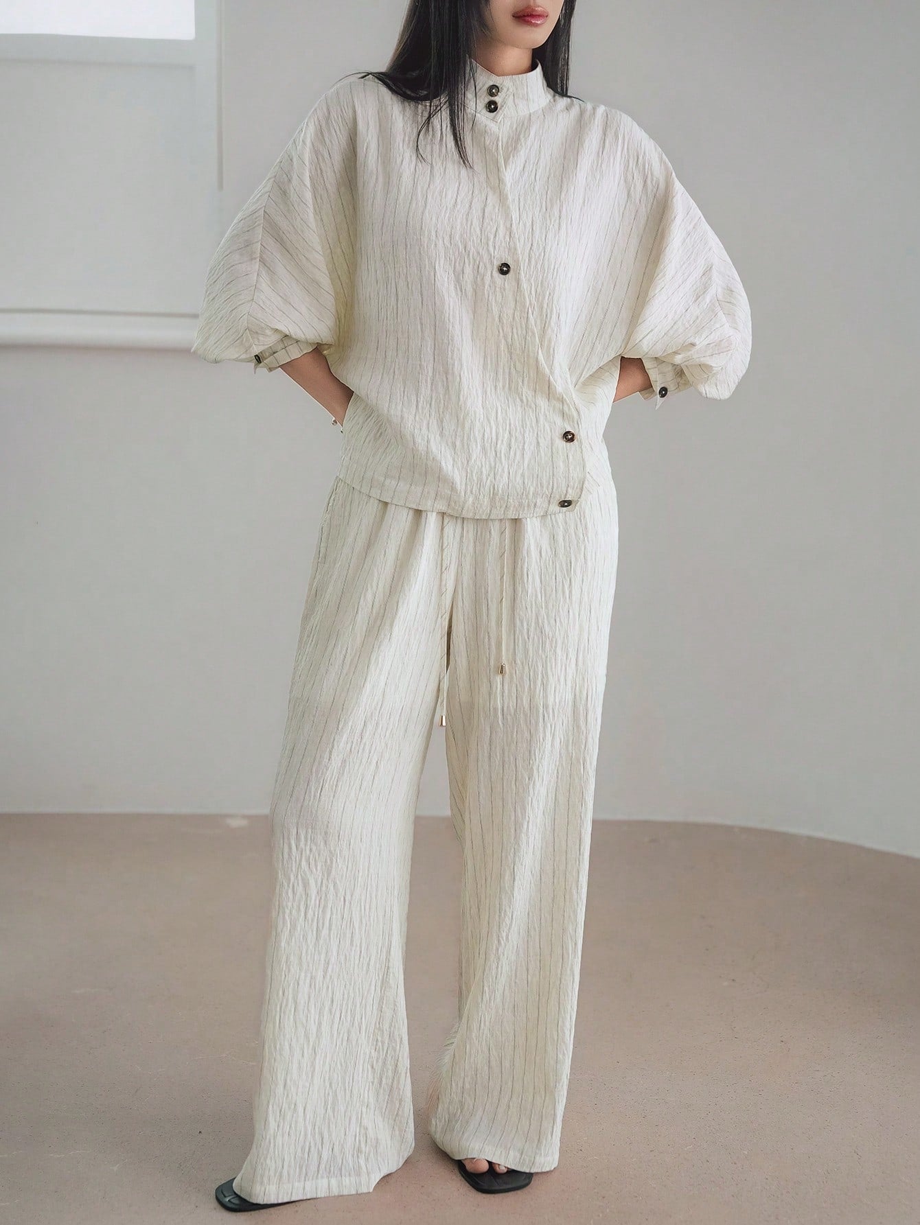 CM-SS324884 Women Casual Seoul Style Oblique Placket Waist Cross Stripe Cardigan With Straight Leg Pants - Set