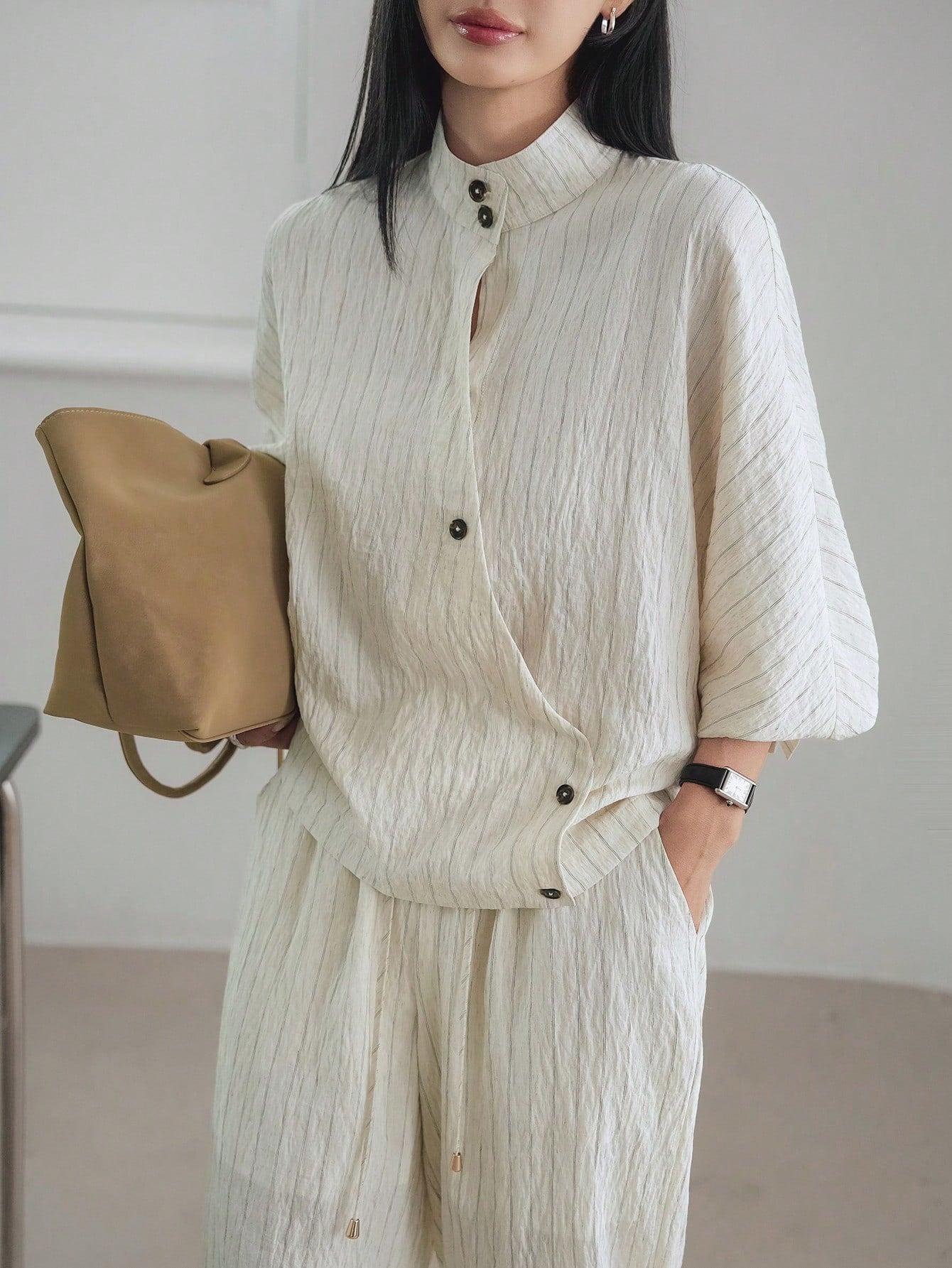 CM-SS324884 Women Casual Seoul Style Oblique Placket Waist Cross Stripe Cardigan With Straight Leg Pants - Set