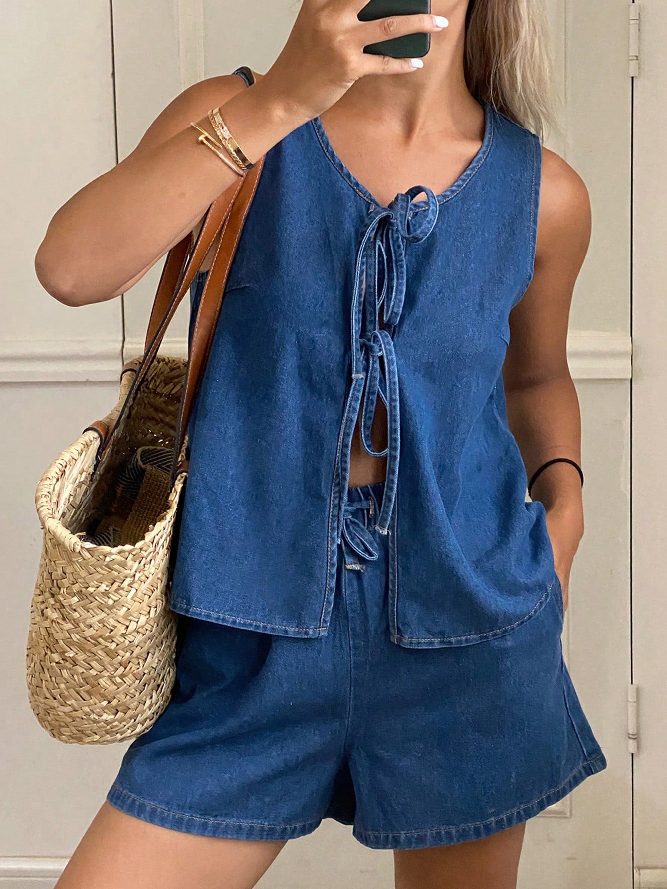 CM-SS503558 Women Casual Seoul Style Round Neck Drawstring Sleeveless Top With Loose Denim Shorts - Set