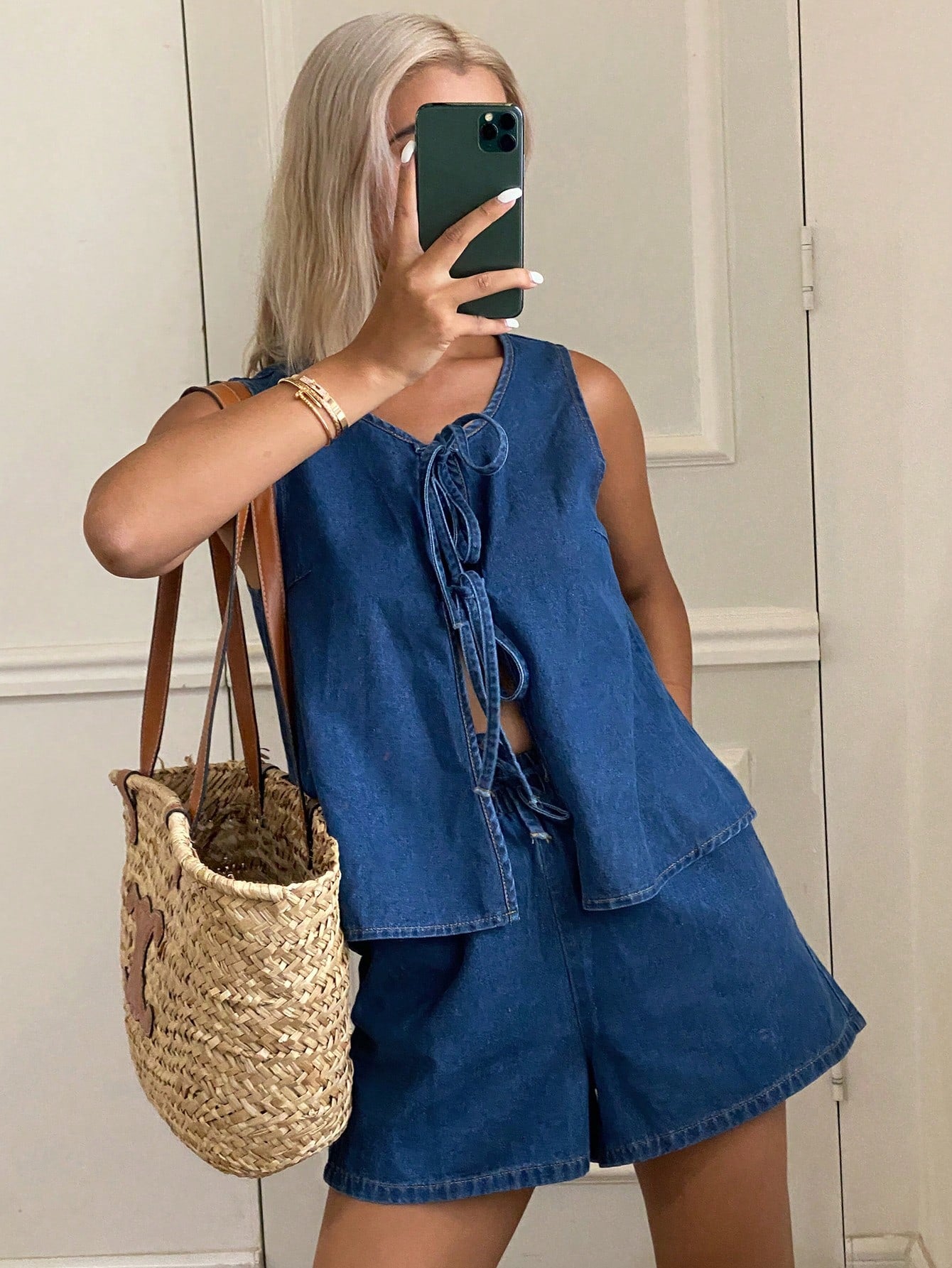 CM-SS503558 Women Casual Seoul Style Round Neck Drawstring Sleeveless Top With Loose Denim Shorts - Set