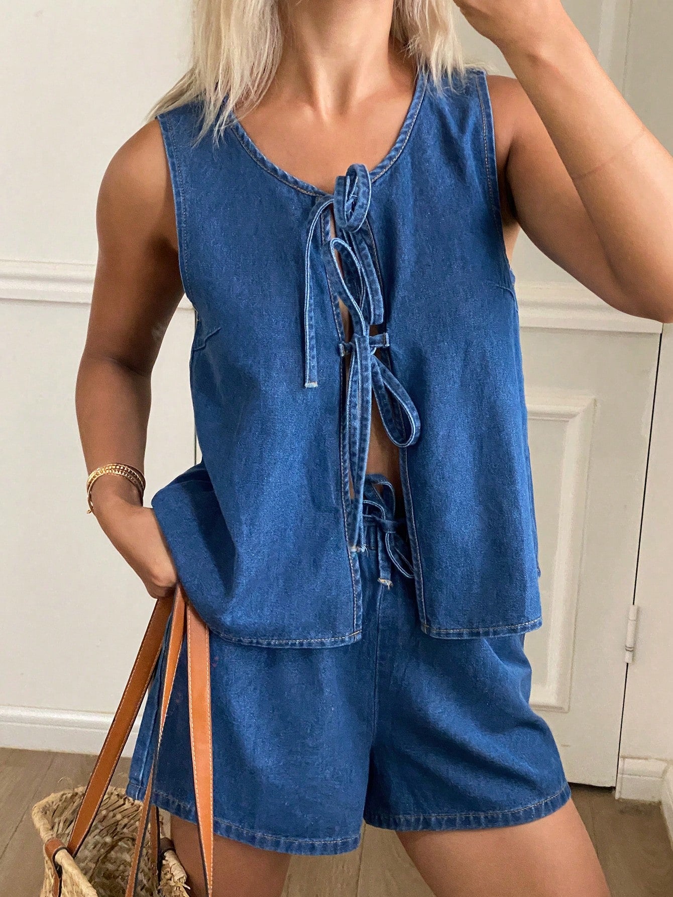 CM-SS503558 Women Casual Seoul Style Round Neck Drawstring Sleeveless Top With Loose Denim Shorts - Set