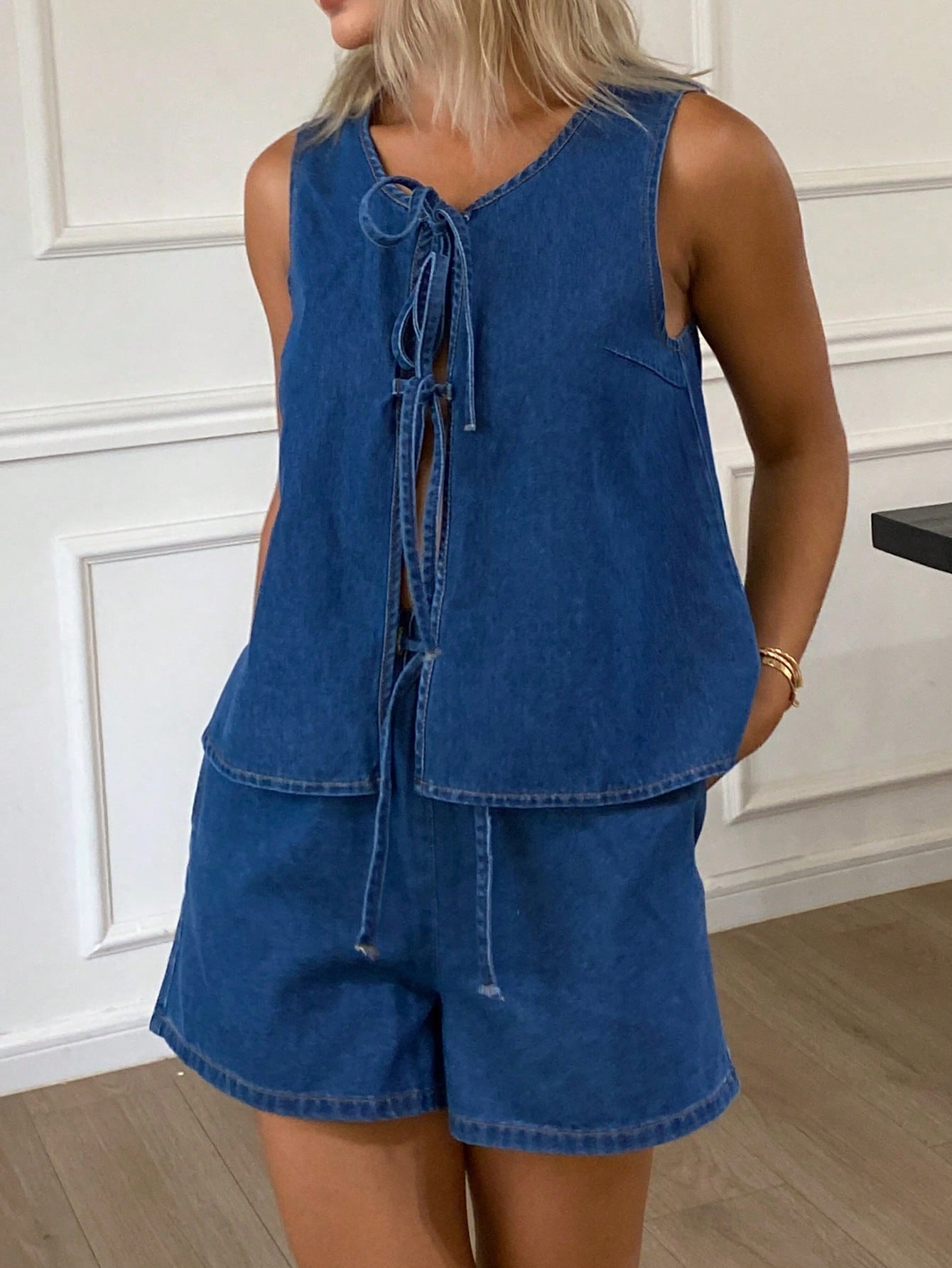 CM-SS503558 Women Casual Seoul Style Round Neck Drawstring Sleeveless Top With Loose Denim Shorts - Set