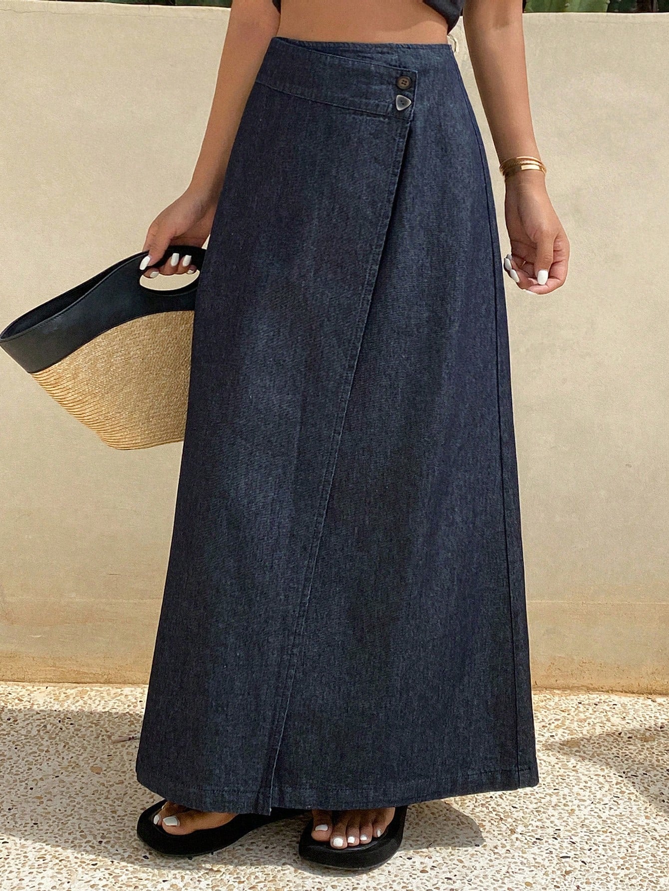 CM-BS373727 Women Casual Seoul Style Solid Color Mid Waist Asymmetric Wrap Maxi Denim Skirt - Blue