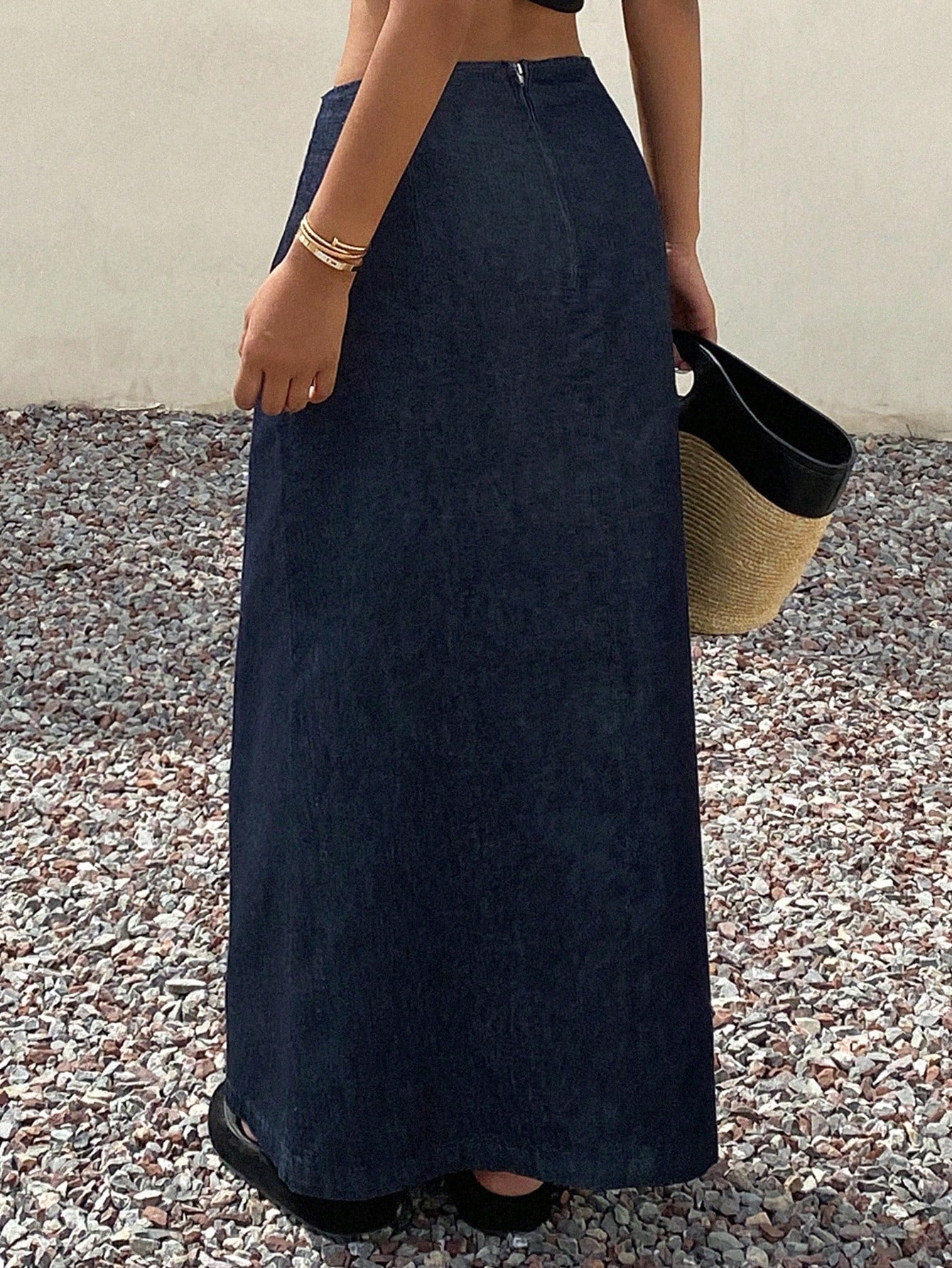 CM-BS373727 Women Casual Seoul Style Solid Color Mid Waist Asymmetric Wrap Maxi Denim Skirt - Blue