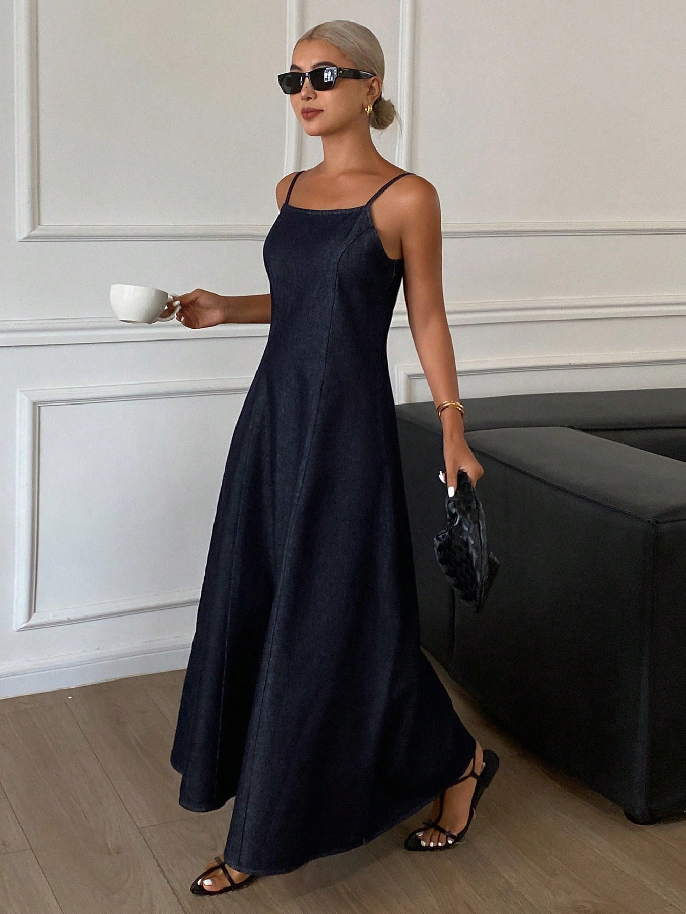 CM-DS929232 Women Casual Seoul Style Solid Color Waist-Cinched Backless Spaghetti Strap Denim Dress - Blue