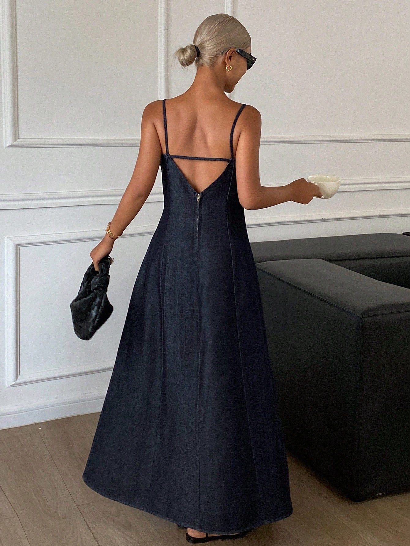CM-DS929232 Women Casual Seoul Style Solid Color Waist-Cinched Backless Spaghetti Strap Denim Dress - Blue