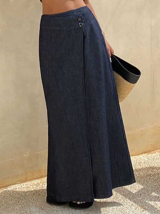 CM-BS373727 Women Casual Seoul Style Solid Color Mid Waist Asymmetric Wrap Maxi Denim Skirt - Blue