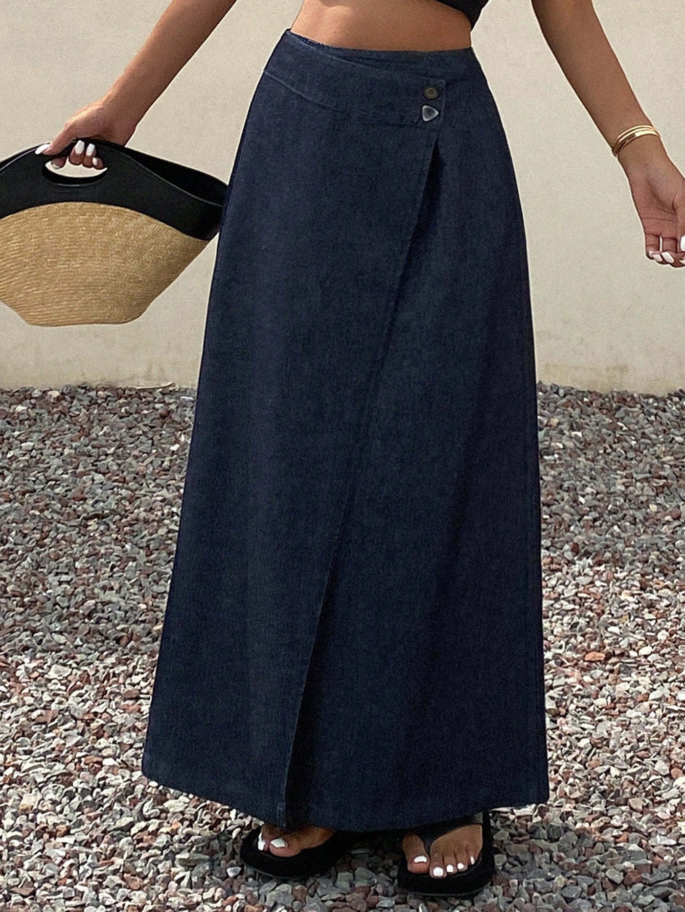 CM-BS373727 Women Casual Seoul Style Solid Color Mid Waist Asymmetric Wrap Maxi Denim Skirt - Blue