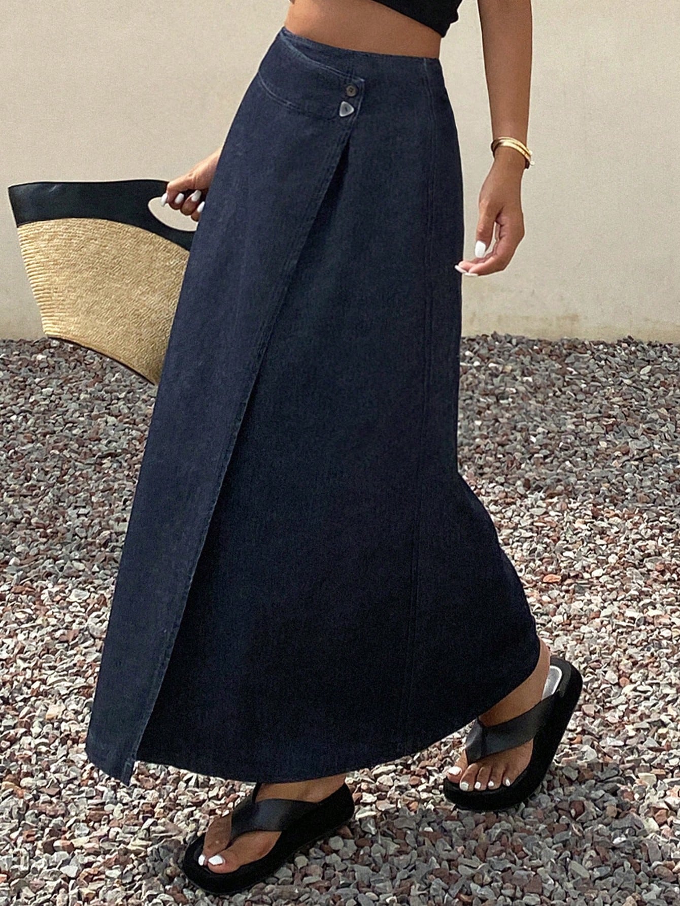 CM-BS373727 Women Casual Seoul Style Solid Color Mid Waist Asymmetric Wrap Maxi Denim Skirt - Blue