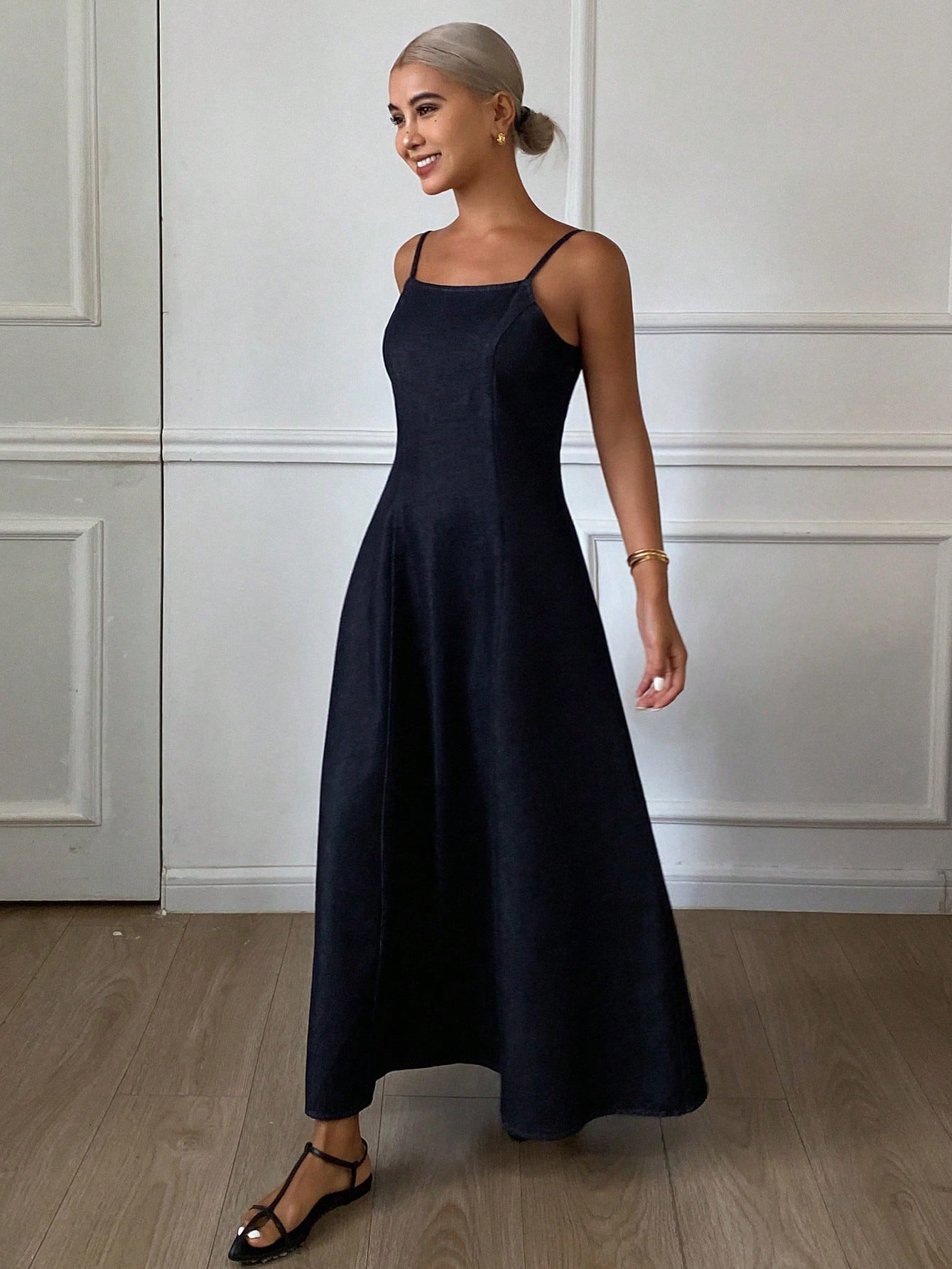 CM-DS929232 Women Casual Seoul Style Solid Color Waist-Cinched Backless Spaghetti Strap Denim Dress - Blue
