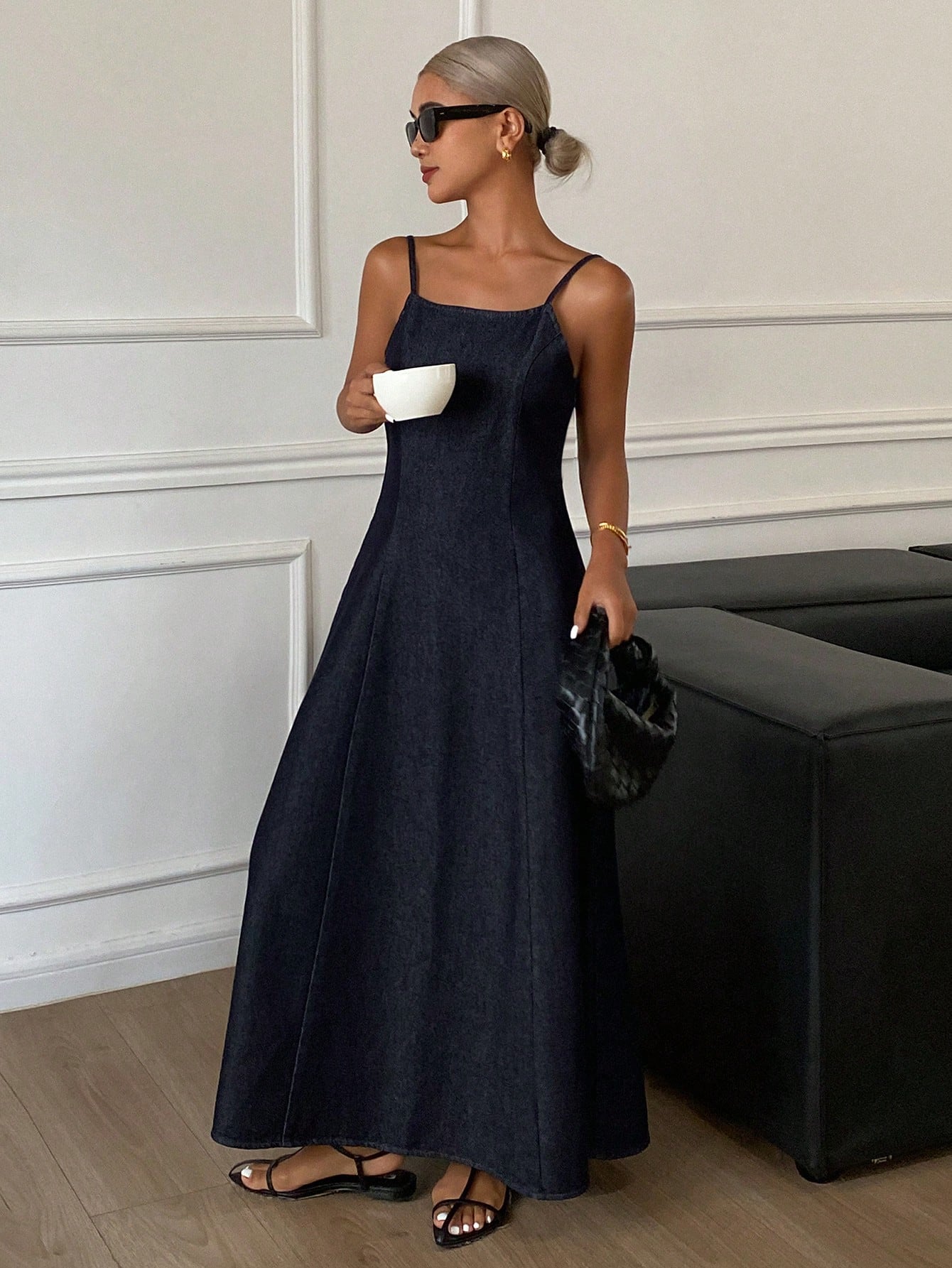 CM-DS929232 Women Casual Seoul Style Solid Color Waist-Cinched Backless Spaghetti Strap Denim Dress - Blue