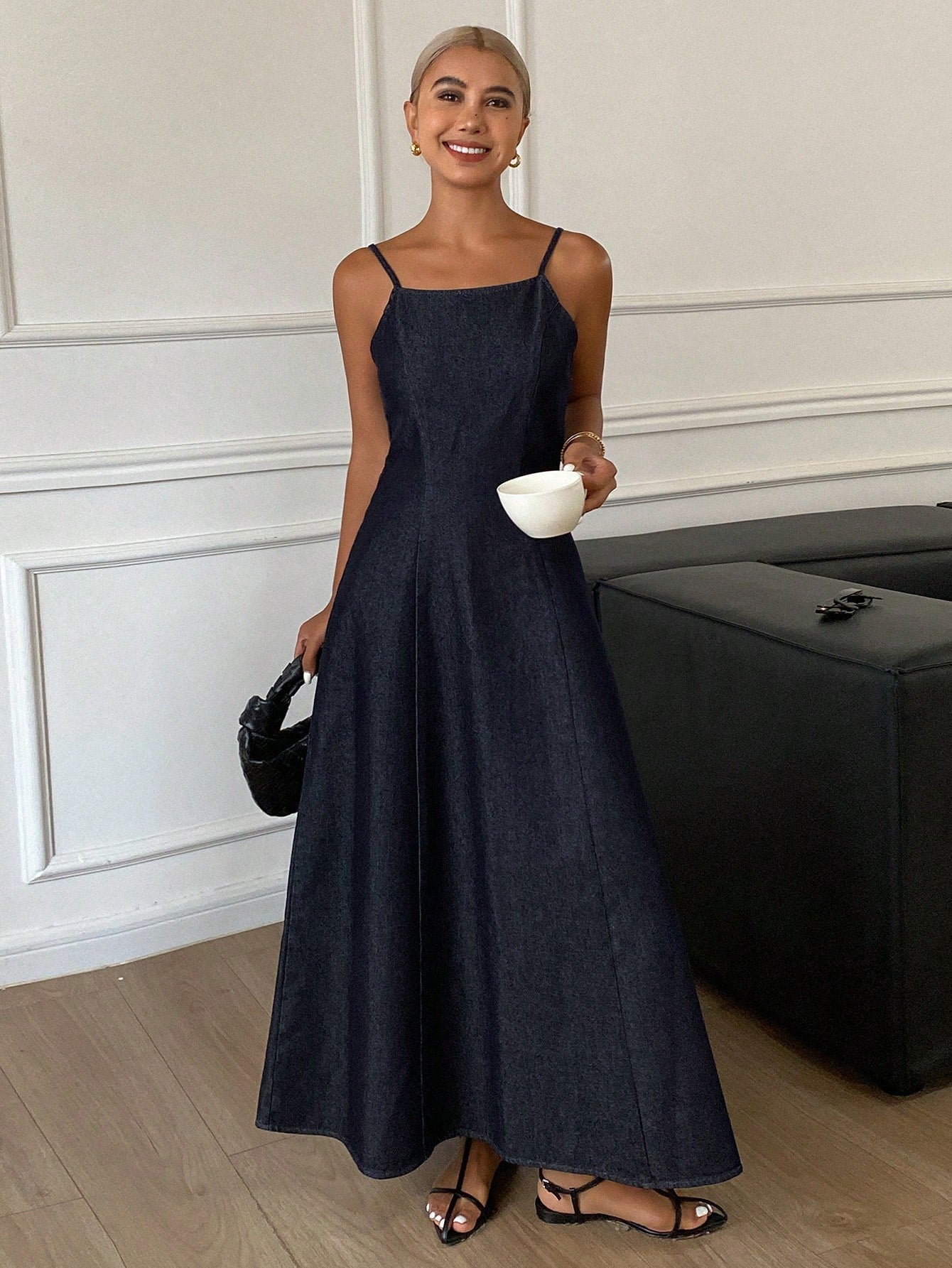 CM-DS929232 Women Casual Seoul Style Solid Color Waist-Cinched Backless Spaghetti Strap Denim Dress - Blue