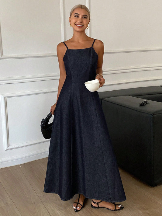 CM-DS929232 Women Casual Seoul Style Solid Color Waist-Cinched Backless Spaghetti Strap Denim Dress - Blue