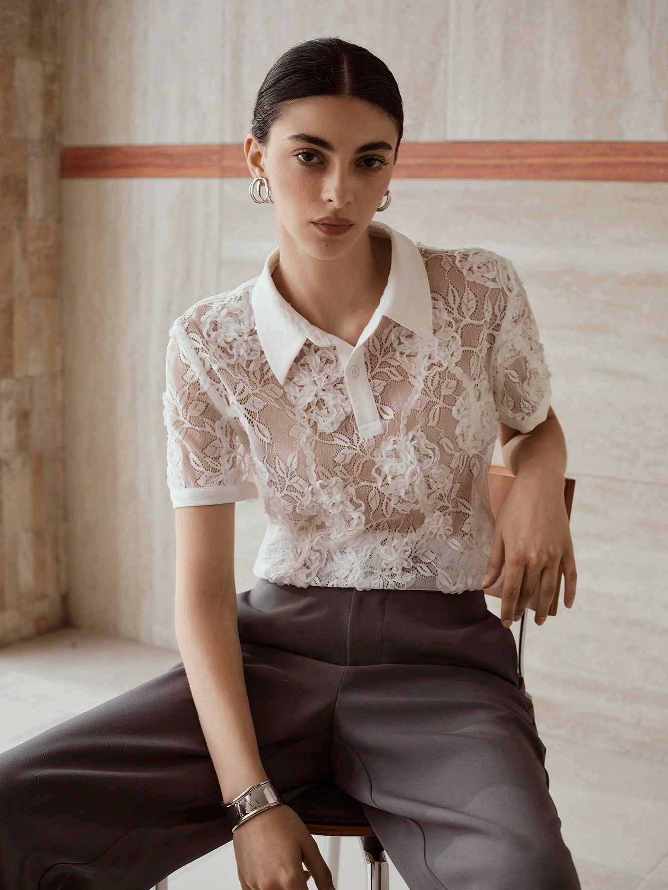 CM-TS926663 Women Elegant Seoul Style Polo Collar Short Sleeve Lace Embroidery Sheer Top - White