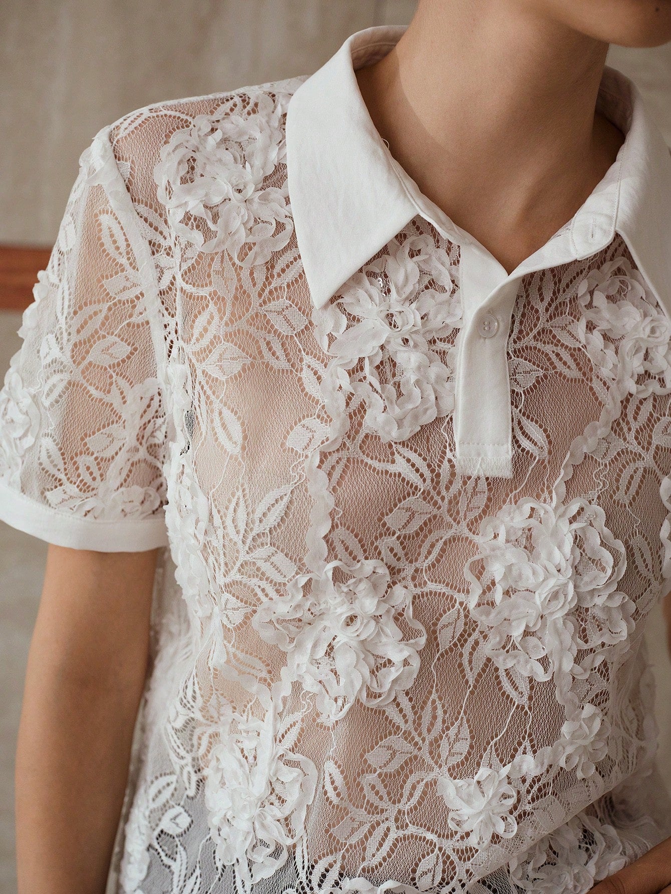 CM-TS926663 Women Elegant Seoul Style Polo Collar Short Sleeve Lace Embroidery Sheer Top - White