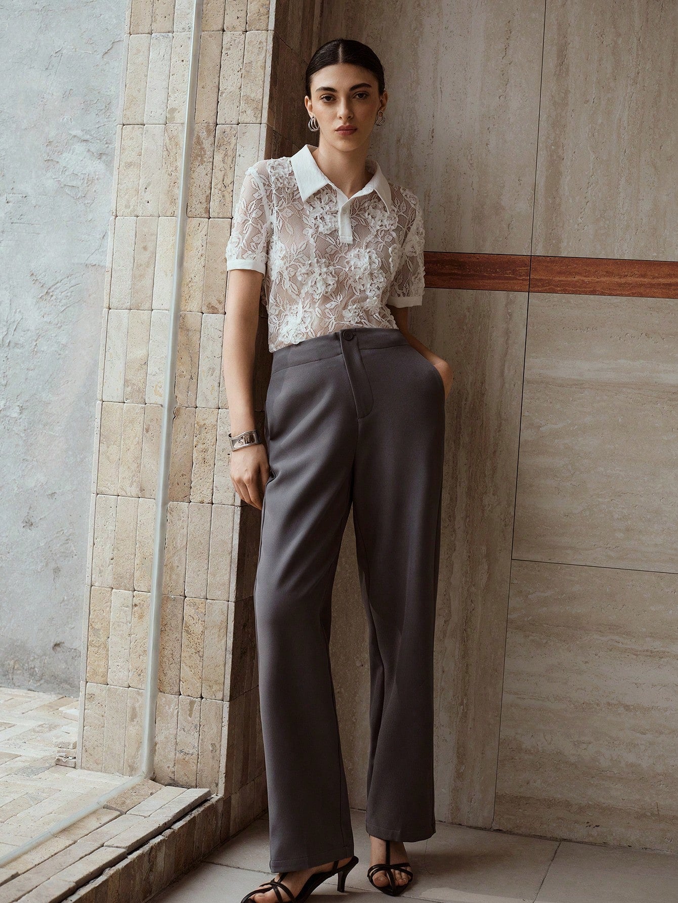 CM-TS926663 Women Elegant Seoul Style Polo Collar Short Sleeve Lace Embroidery Sheer Top - White