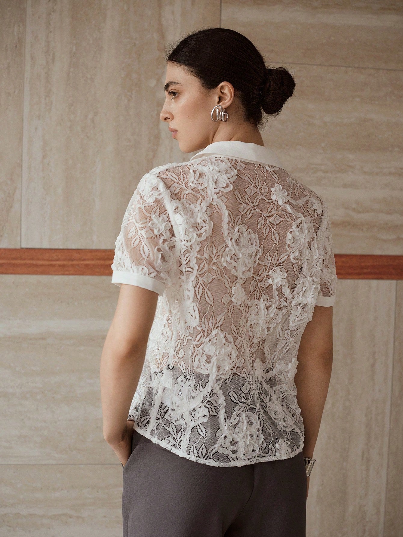 CM-TS926663 Women Elegant Seoul Style Polo Collar Short Sleeve Lace Embroidery Sheer Top - White