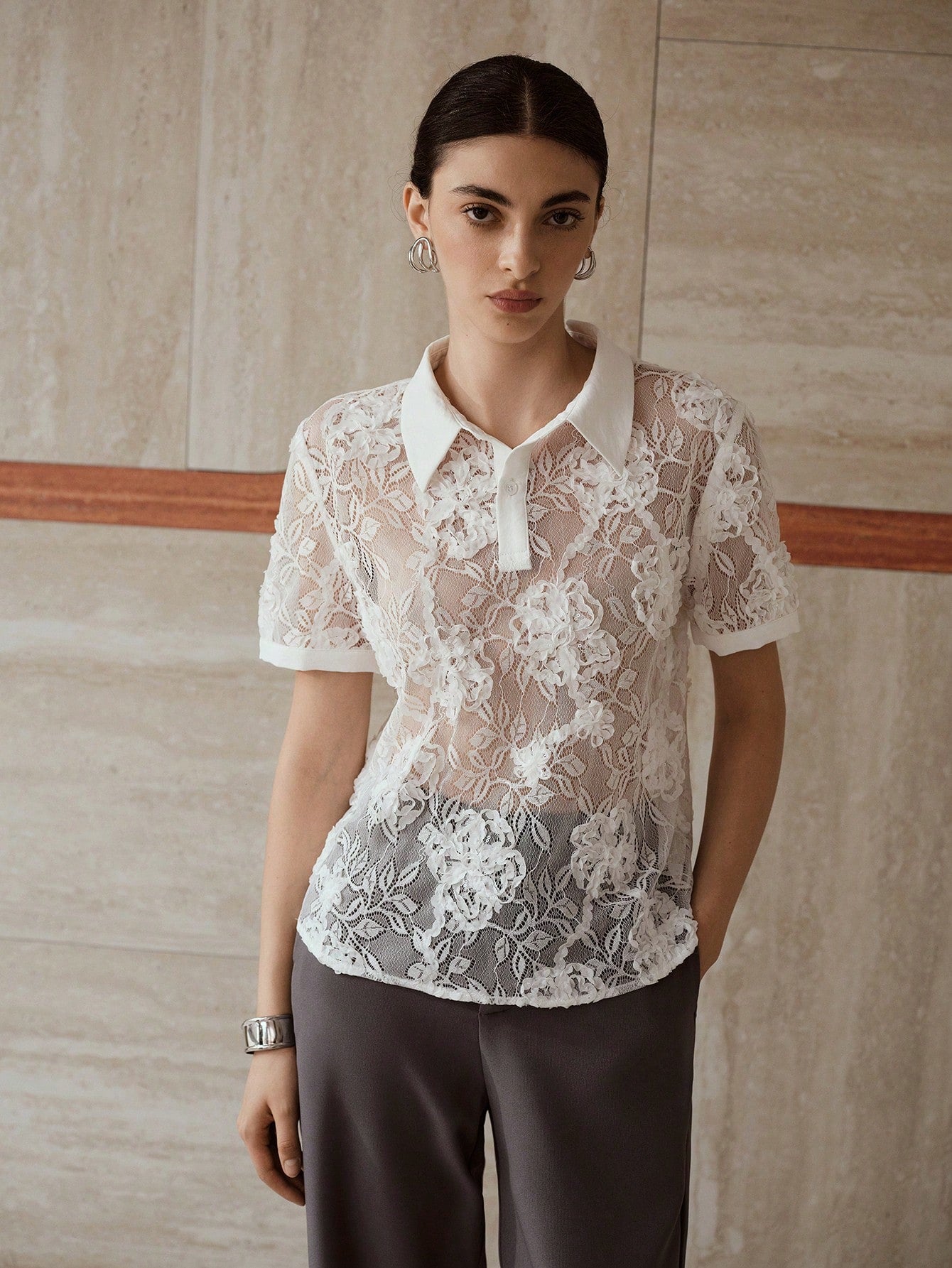 CM-TS926663 Women Elegant Seoul Style Polo Collar Short Sleeve Lace Embroidery Sheer Top - White