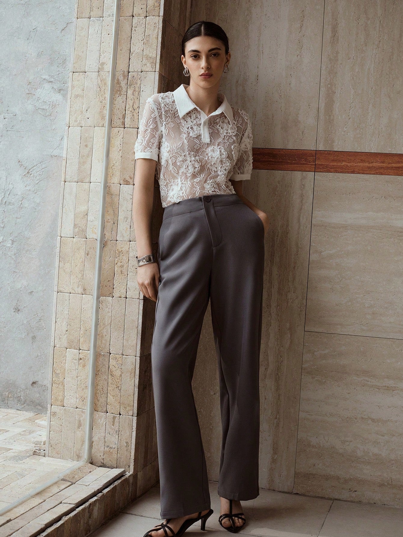 CM-TS926663 Women Elegant Seoul Style Polo Collar Short Sleeve Lace Embroidery Sheer Top - White