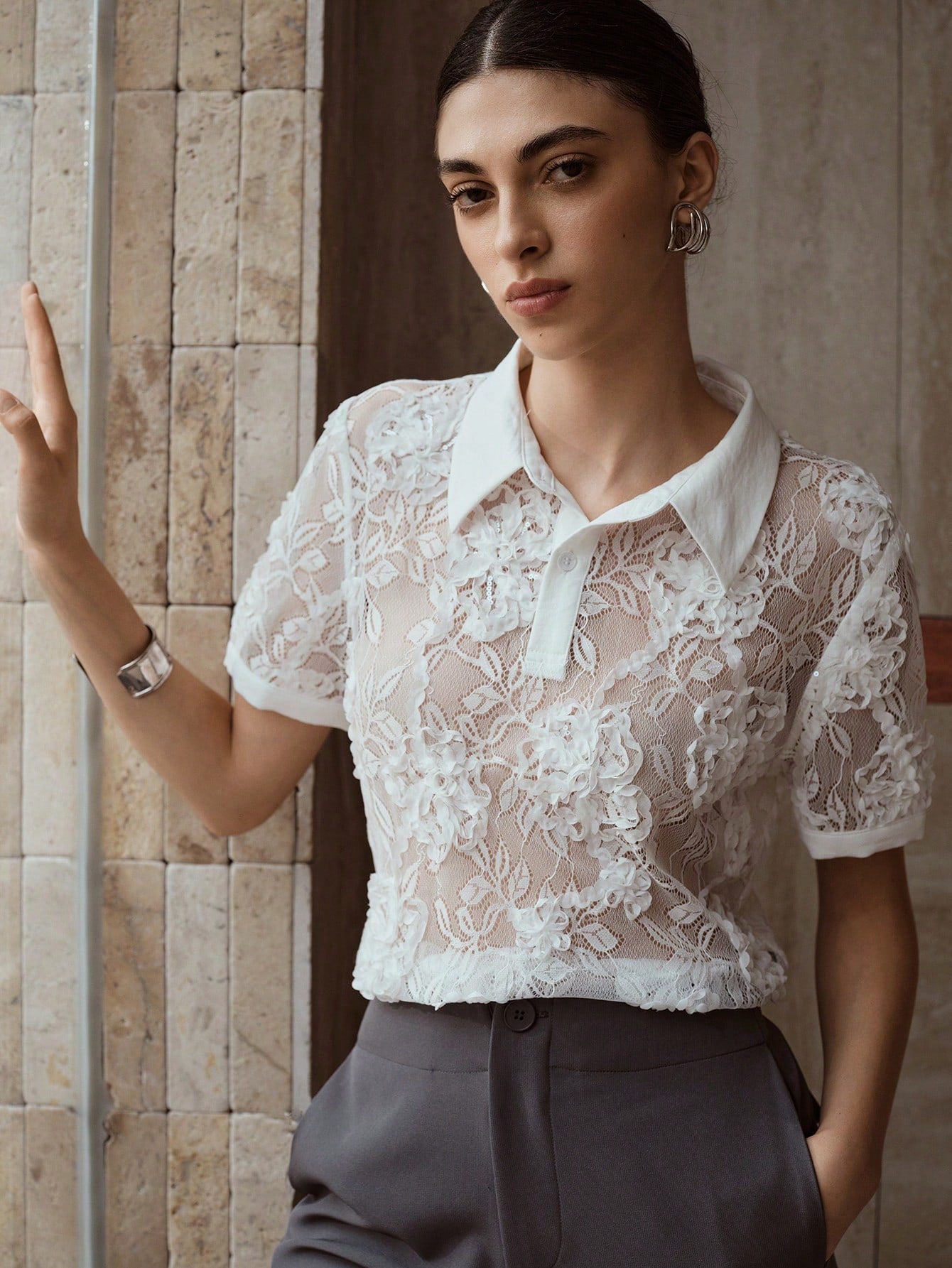 CM-TS926663 Women Elegant Seoul Style Polo Collar Short Sleeve Lace Embroidery Sheer Top - White
