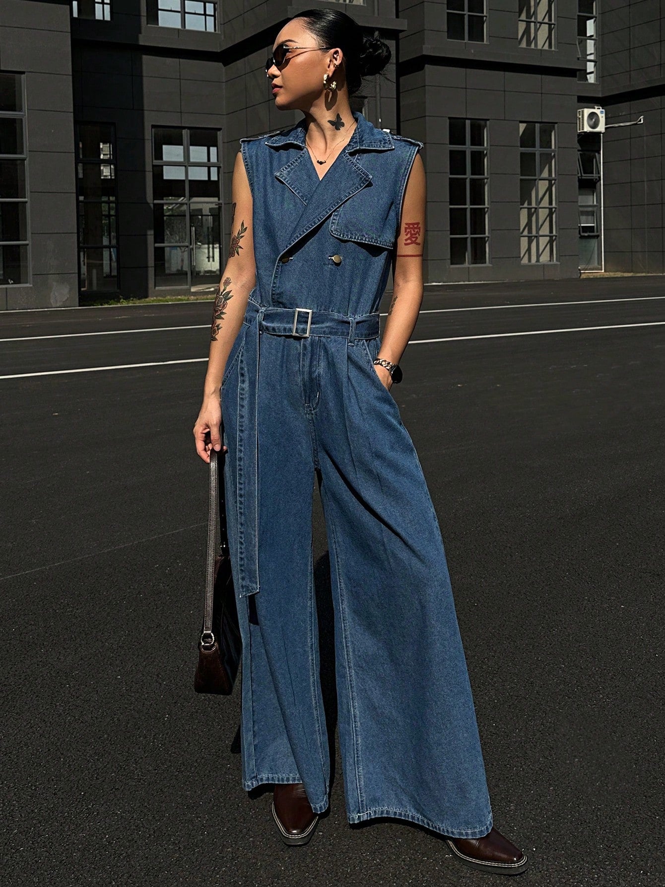 CM-JS588272 Women Casual Seoul Style Sleeveless Belt Loop Dual-Breasted Lapel Denim Jumpsuit - Blue