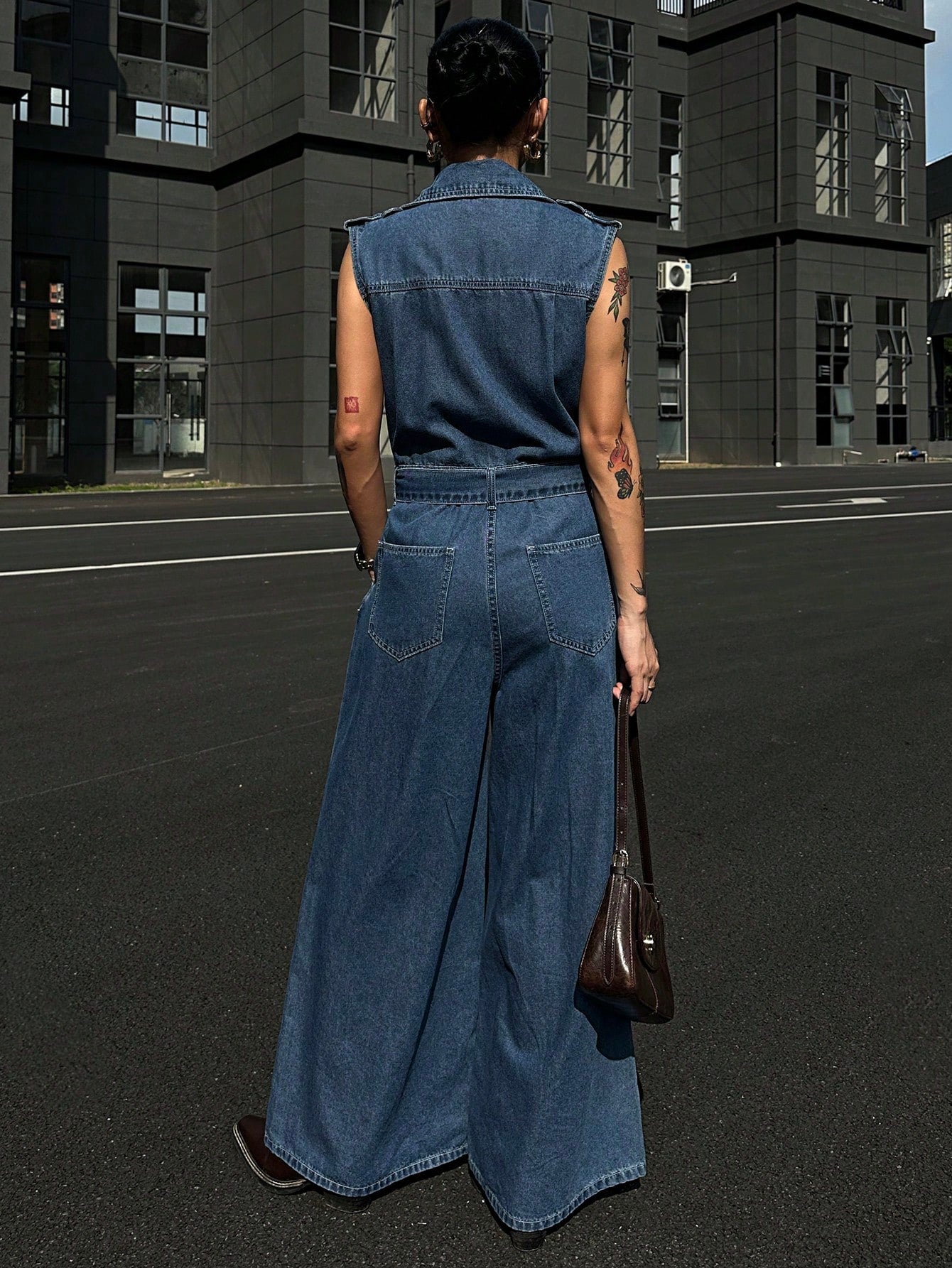 CM-JS588272 Women Casual Seoul Style Sleeveless Belt Loop Dual-Breasted Lapel Denim Jumpsuit - Blue