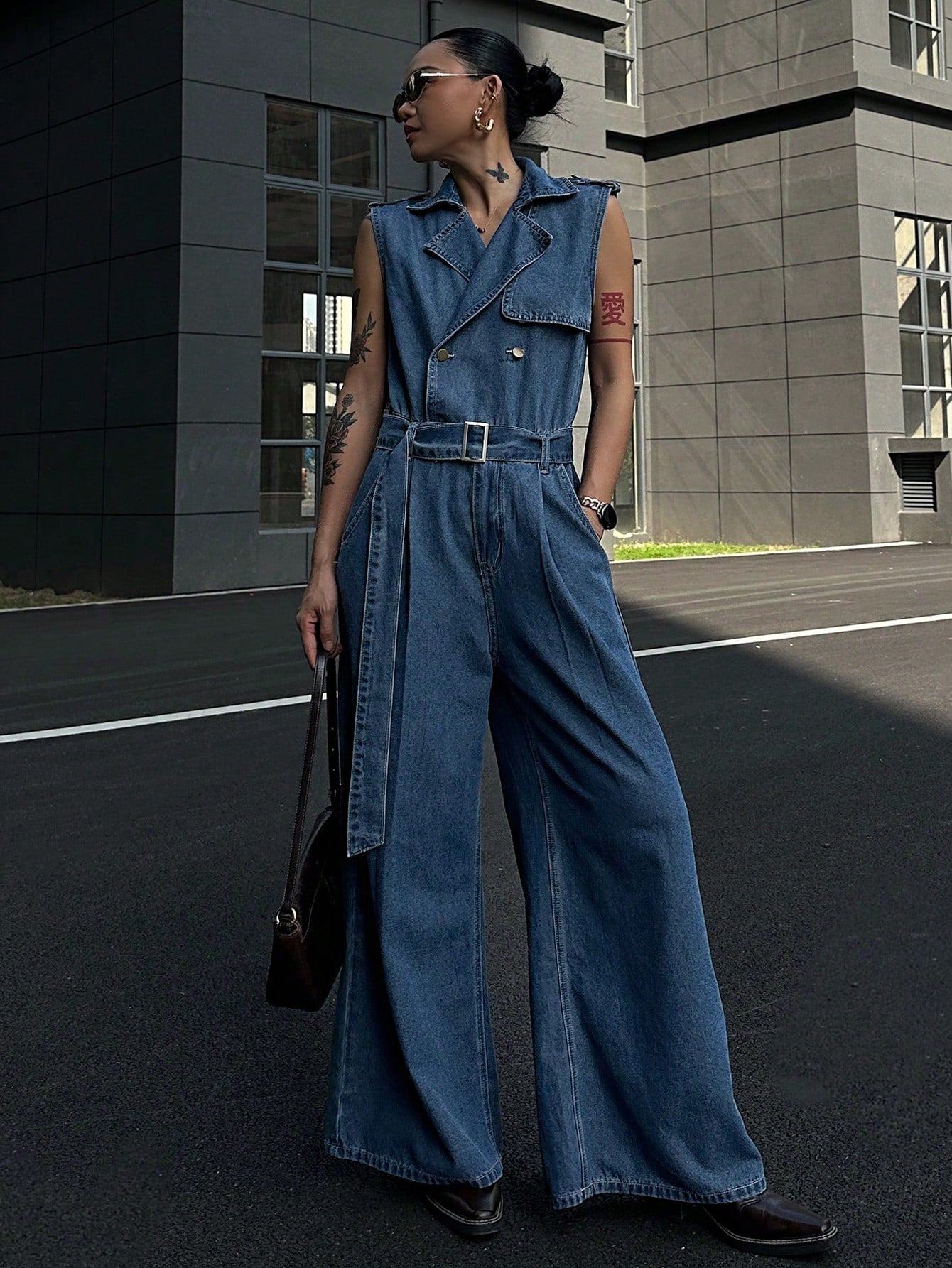 CM-JS588272 Women Casual Seoul Style Sleeveless Belt Loop Dual-Breasted Lapel Denim Jumpsuit - Blue