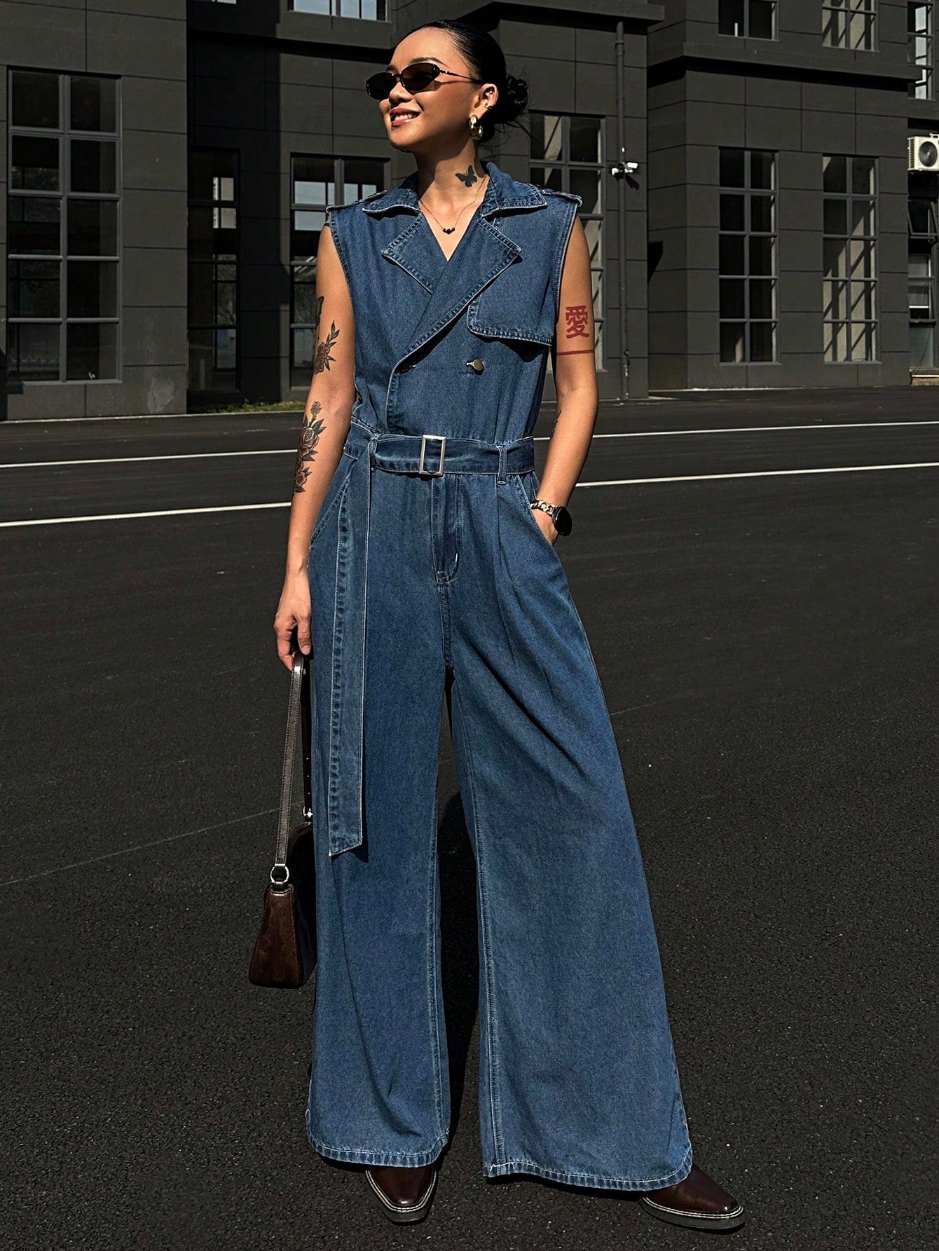 CM-JS588272 Women Casual Seoul Style Sleeveless Belt Loop Dual-Breasted Lapel Denim Jumpsuit - Blue