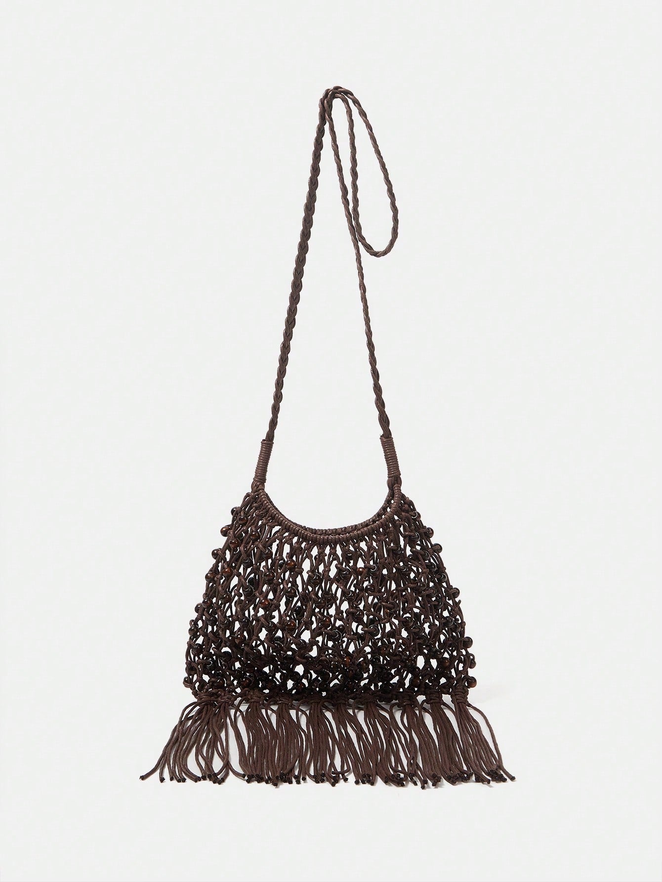 CM-BGS065171 Women Trendy Seoul Style Tassle Crochet Crossbody Bag - Coffee