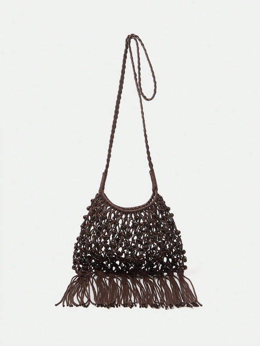 CM-BGS065171 Women Trendy Seoul Style Tassle Crochet Crossbody Bag - Coffee