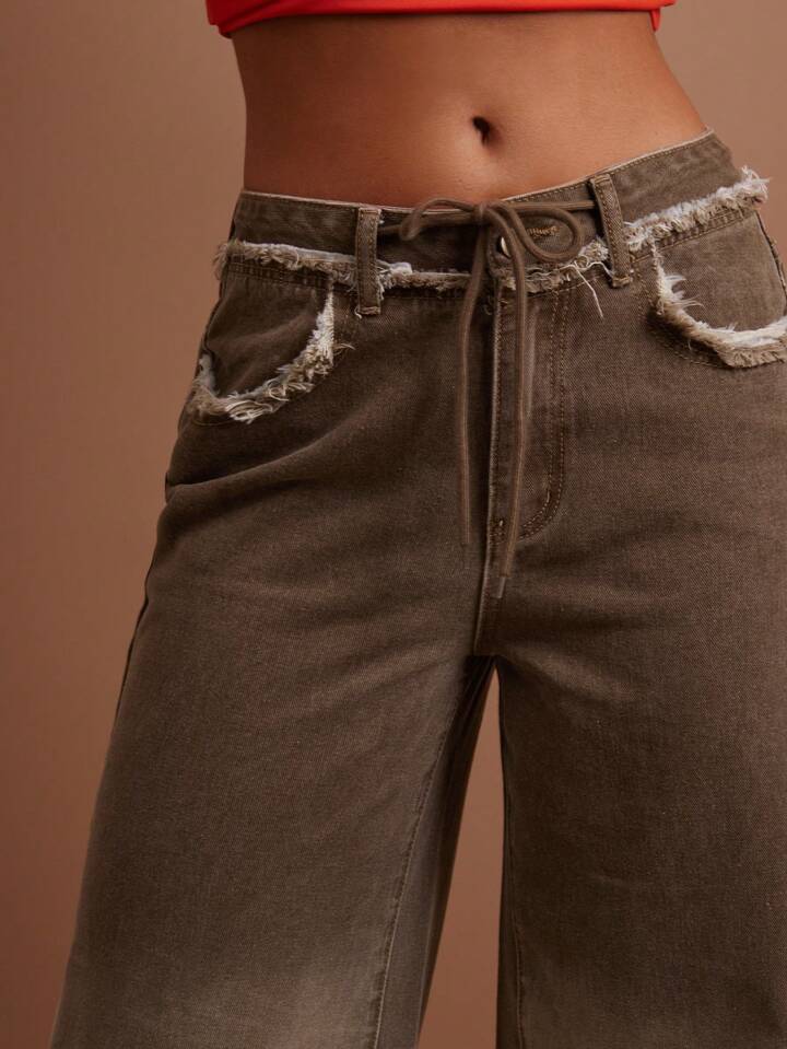 CM-BS298965 Women Casual Seoul Style Low Waist Front Button Pocket Frayed Hem Denim Jeans - Brown
