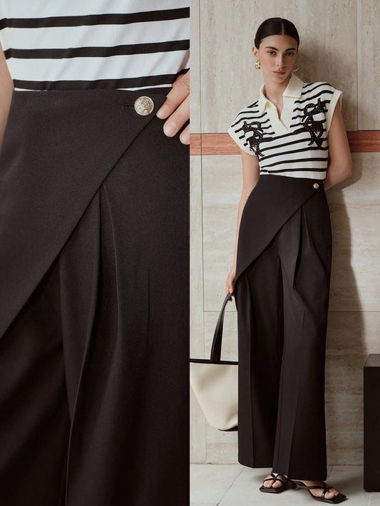 CM-BS458905 Women Elegant Seoul Style Mid Waist Colorblock Wrap Wide Leg Pants - Black