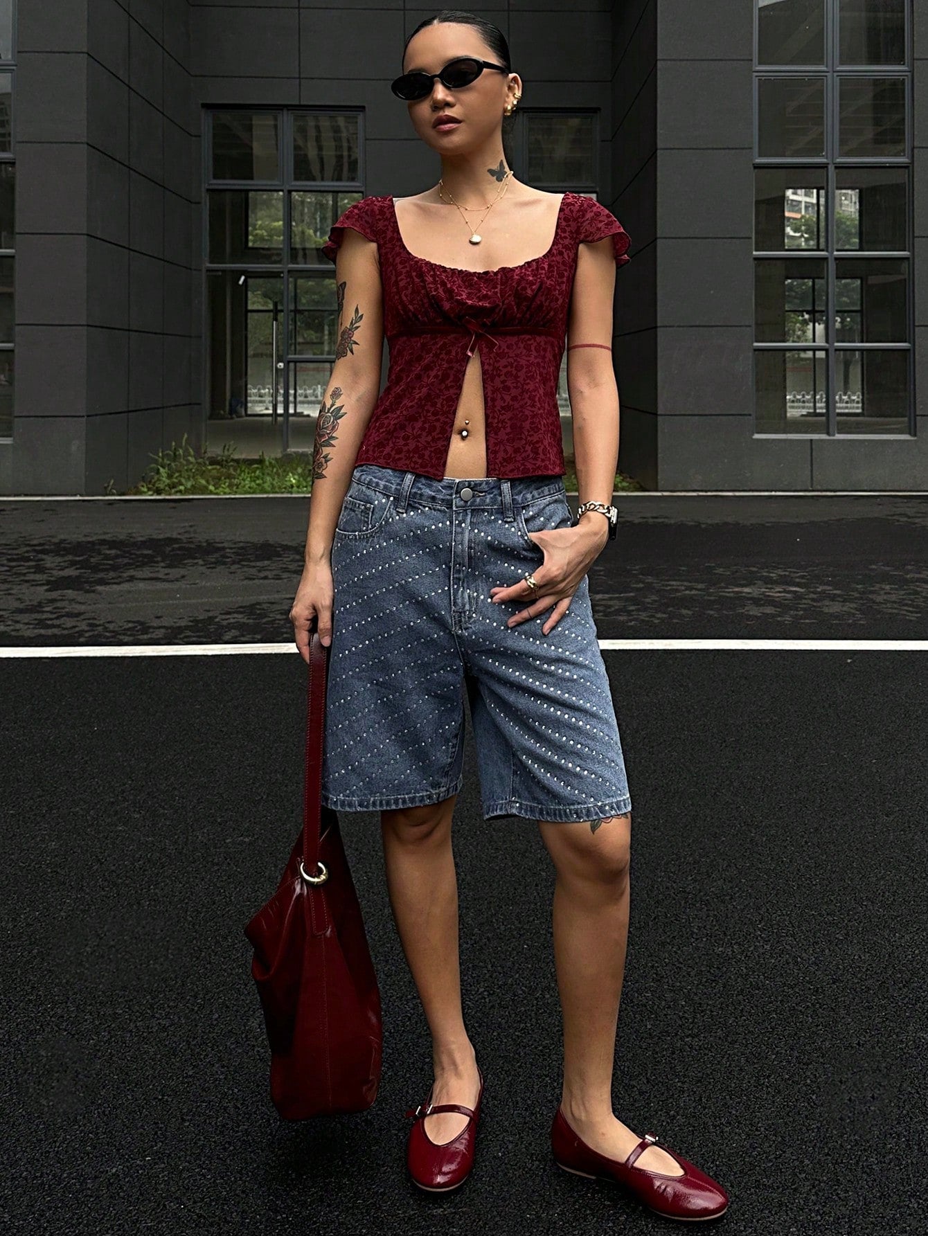 CM-BS572735 Women Casual Seoul Style Medium Wash Rhinestone Decorated Loose Straight Leg Cropped Denim Shorts