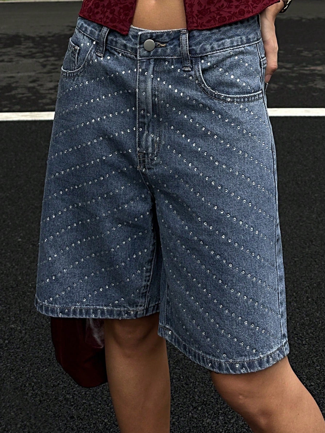 CM-BS572735 Women Casual Seoul Style Medium Wash Rhinestone Decorated Loose Straight Leg Cropped Denim Shorts