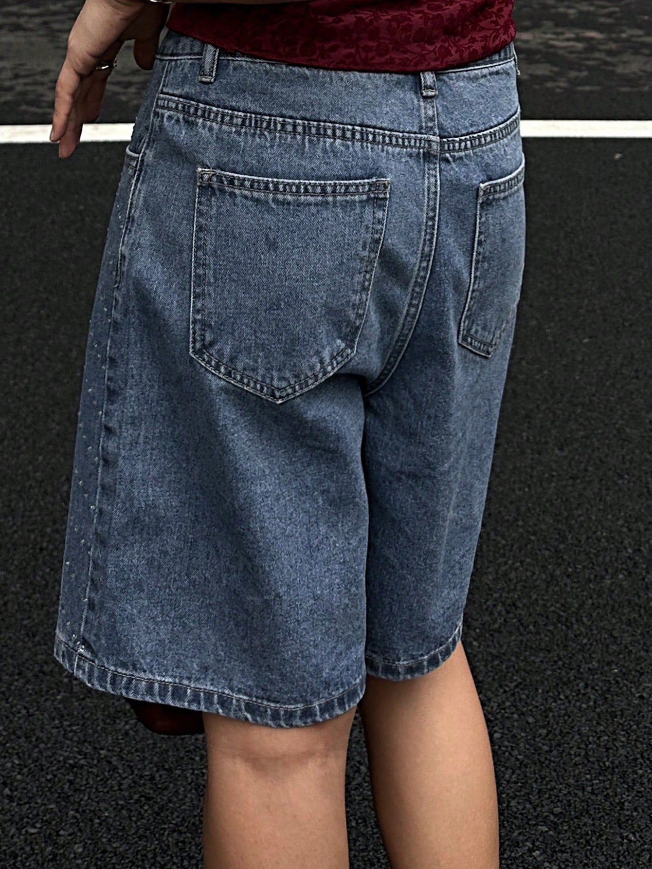 CM-BS572735 Women Casual Seoul Style Medium Wash Rhinestone Decorated Loose Straight Leg Cropped Denim Shorts