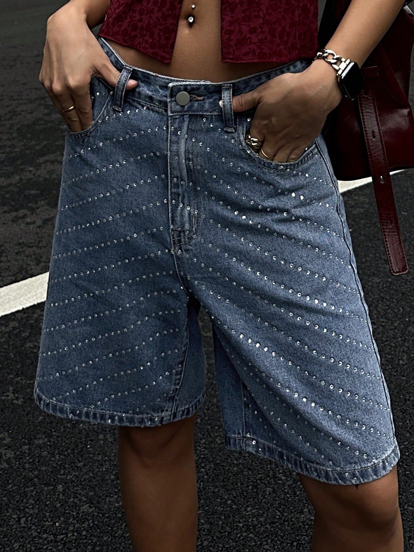 CM-BS572735 Women Casual Seoul Style Medium Wash Rhinestone Decorated Loose Straight Leg Cropped Denim Shorts
