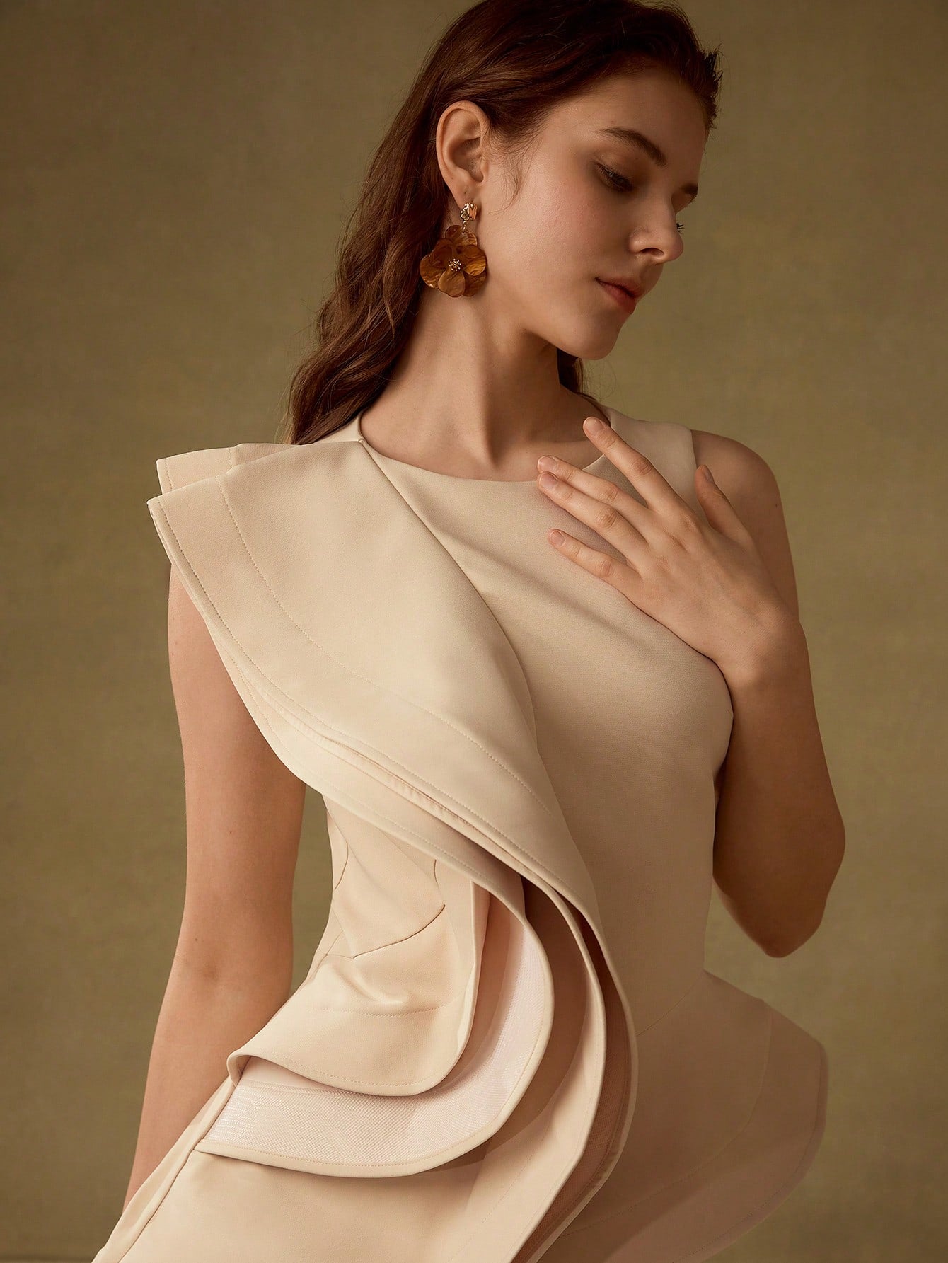 CM-TS439128 Women Elegant Seoul Style Solid Layered Ruffle Trim Asymmetrical Hem Peplum Top - Apricot