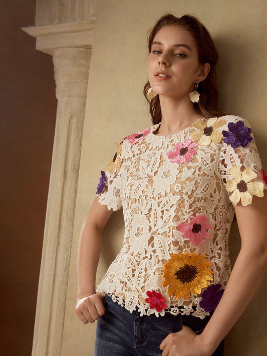 CM-TS475093 Women Elegant Seoul Style Round Neck Floral Apploques Short Sleeve Top - White