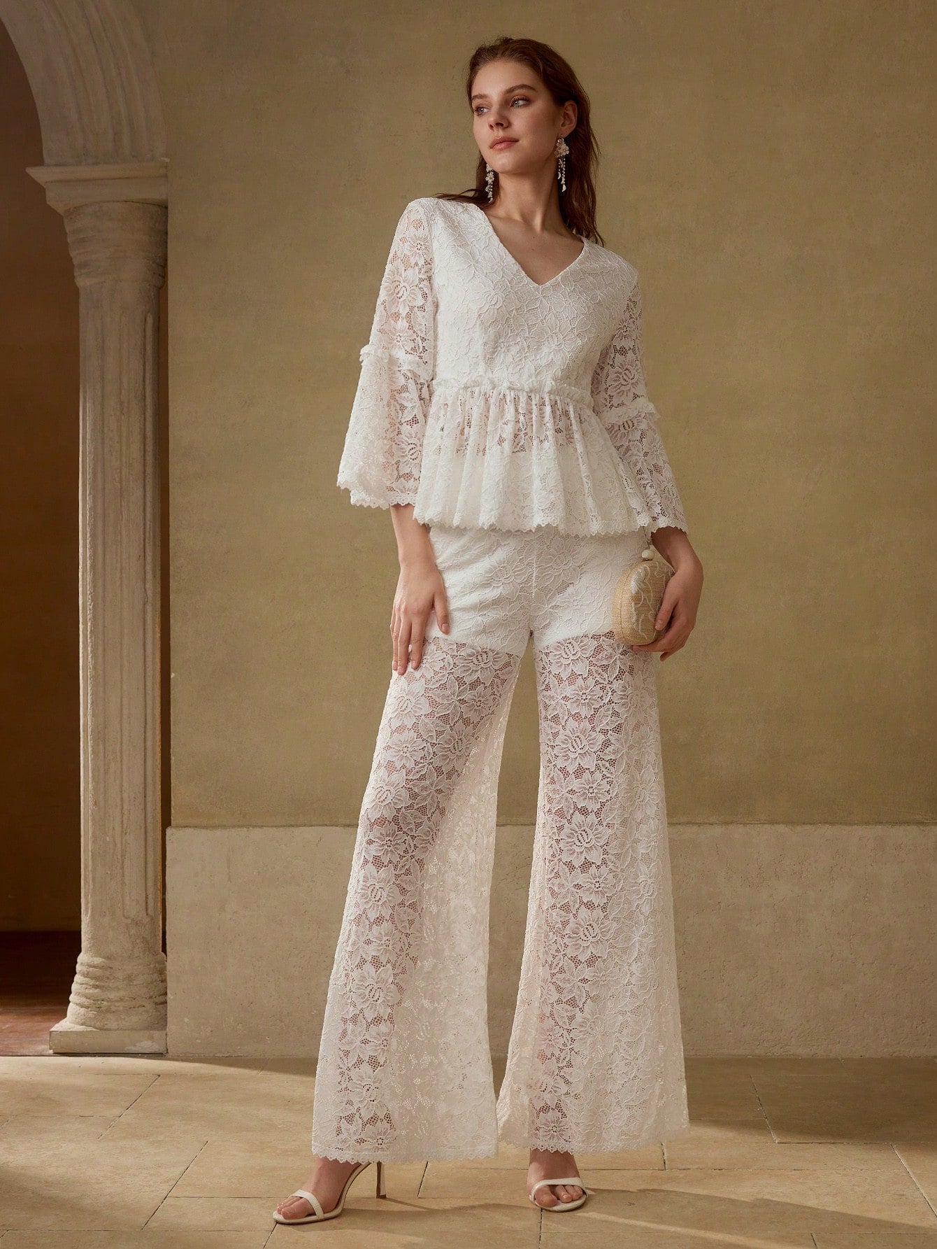 CM-TS230883 Women Elegant Seoul Style V-Neck Flounce Sleeve Lace Ruffle Hem Blouse - White