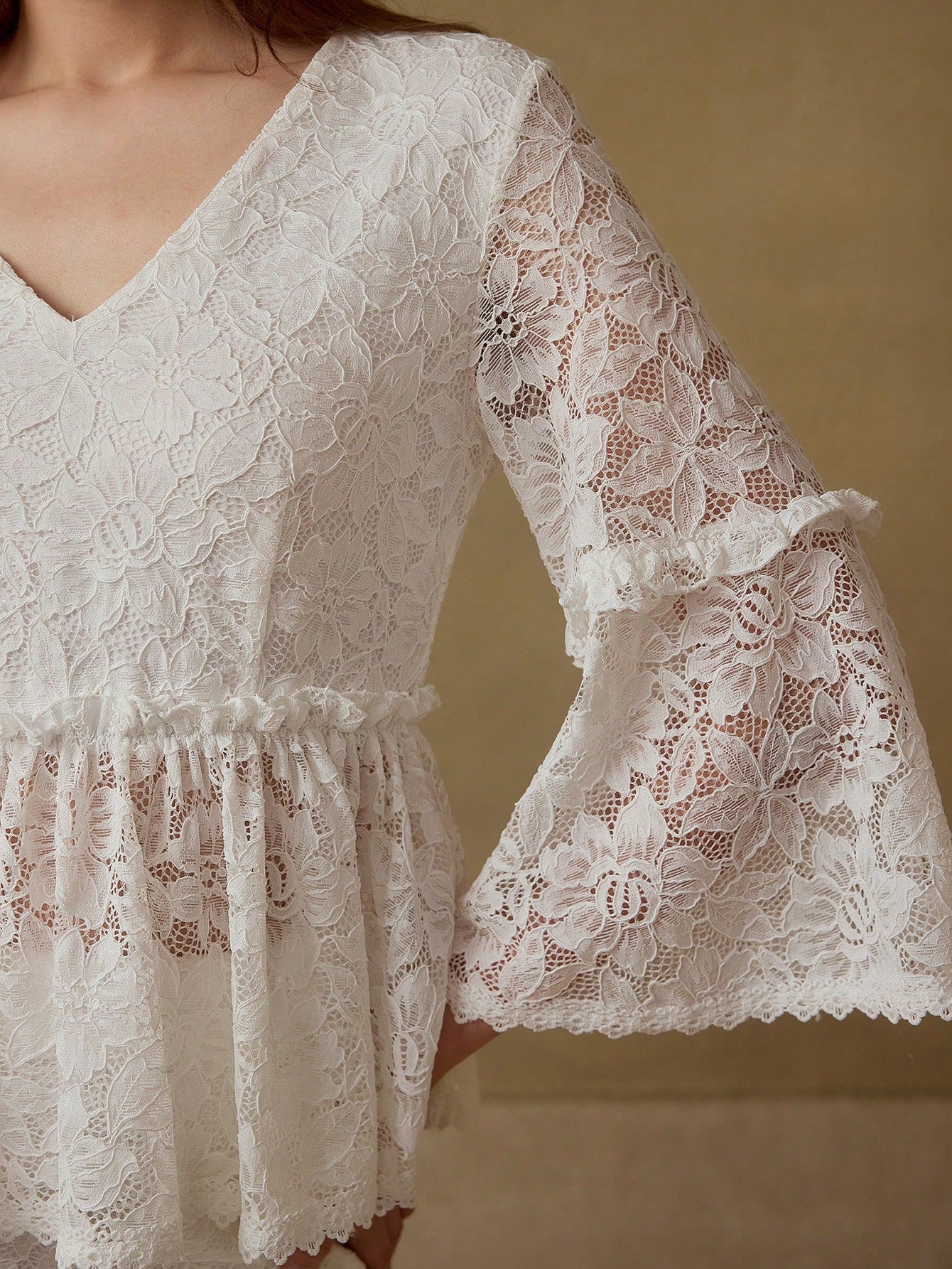 CM-TS230883 Women Elegant Seoul Style V-Neck Flounce Sleeve Lace Ruffle Hem Blouse - White