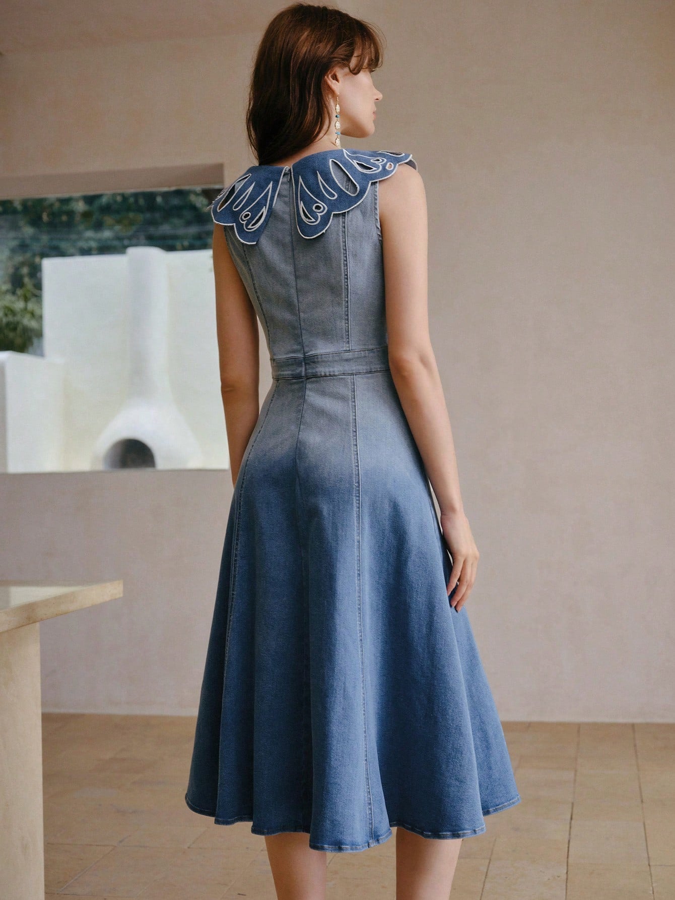 CM-DS323358 Women Elegant Seoul Style V-Neck Sleeveless Cut Out Embroidery Denim Dress - Blue