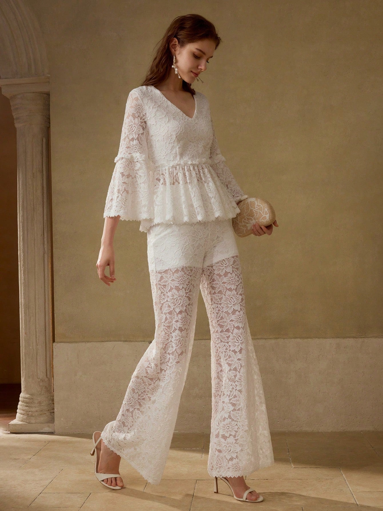 CM-TS230883 Women Elegant Seoul Style V-Neck Flounce Sleeve Lace Ruffle Hem Blouse - White